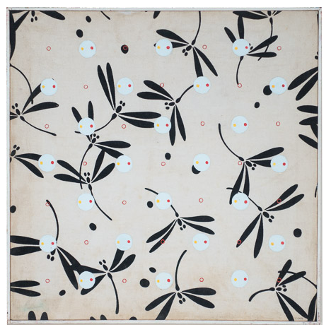 Recurring Small Forms #18, Acrylic on stretched fabric laminated to canvas with painted strip frame, 24" x 24," 1981c, signed C. Cain