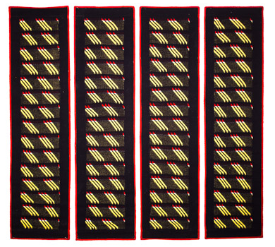 Binding and Unloosing, Machine knitted wool laminated to canvas, 4 Panels, each 69" x 18" (dimensions variable), 1979, signed Charlotte Cain verso