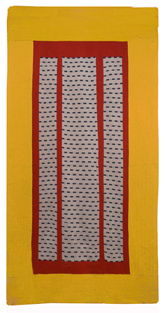 Untitled Hanging, Machine Knitted Wool, 98" x 50, c 1976-7, Condition, not backed, Moth holes in cadmium yellow and red, Stain on white ground with blue dashes