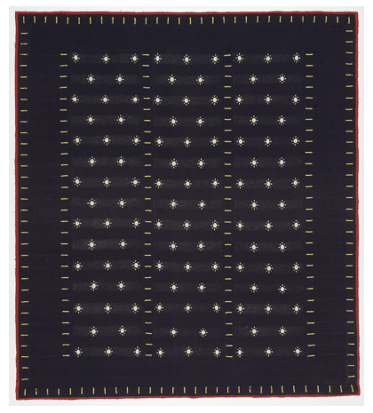 Large Navy Stars with Yellow Pulses, Machine knitted wool laminated with Rhoplex to canvas, 76.5" x 67.5," 1981, signed Charlotte Cain verso few tiny holes in navy