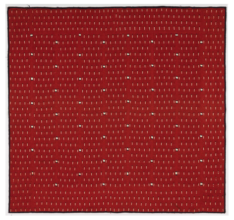 Raining of Arrows, Machine knitted hanging laminated with Rhoplex to canvas, 59" x 63," 10/1978, Charlotte Cain, One tiny spot