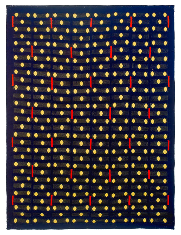 Peeking Through, Machine knitted hanging laminated with Rhoplex to canvas, 67.5" x 48.25," 1979, Charlotte Cain, Tiny Spots on yellow and blue border