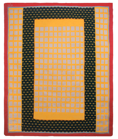 Red,Blue and Sun, Machine knitted hanging laminated with Rhoplex to canvas, 70.75 x 58.75, 1976, Charlotte Cain, Damage all over, primarily spots