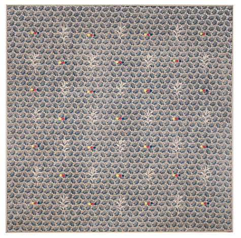 Recurring Small Forms #26, Acrylic on printed fabric laminated to canvas with Roplex with painted strip frame, 60.5" x 60.5, " 1882 signed Charlotte Cain verso