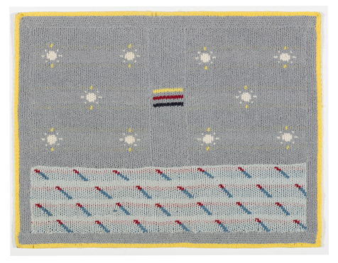 Gray Sundays, Machine knitted hanging laminated with Rhoplex to canvas, 20.5 x 26, c 1980, Charlotte Cain