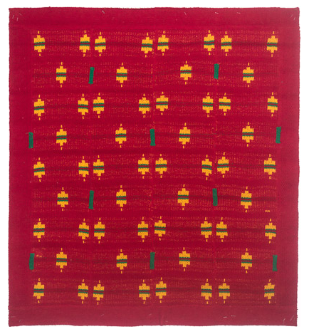 Christmas Square, Machine knitted hanging laminated with Rhoplex to canvas, 40.5" x 37," 1979, Charlotte Cain, Condition: one edge slightly frayed, 2 pulled threads need re-seating
