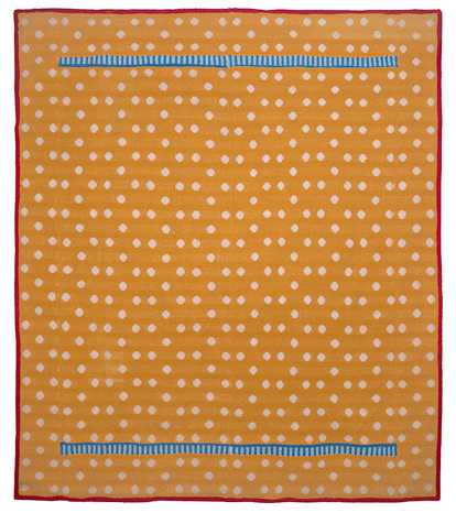 Yellow with White Dots, Machine knitted hanging laminated with Rhoplex to canvas, 72.5" x 63," 1981, Charlotte Cain, One minute spot in yellow and in white,