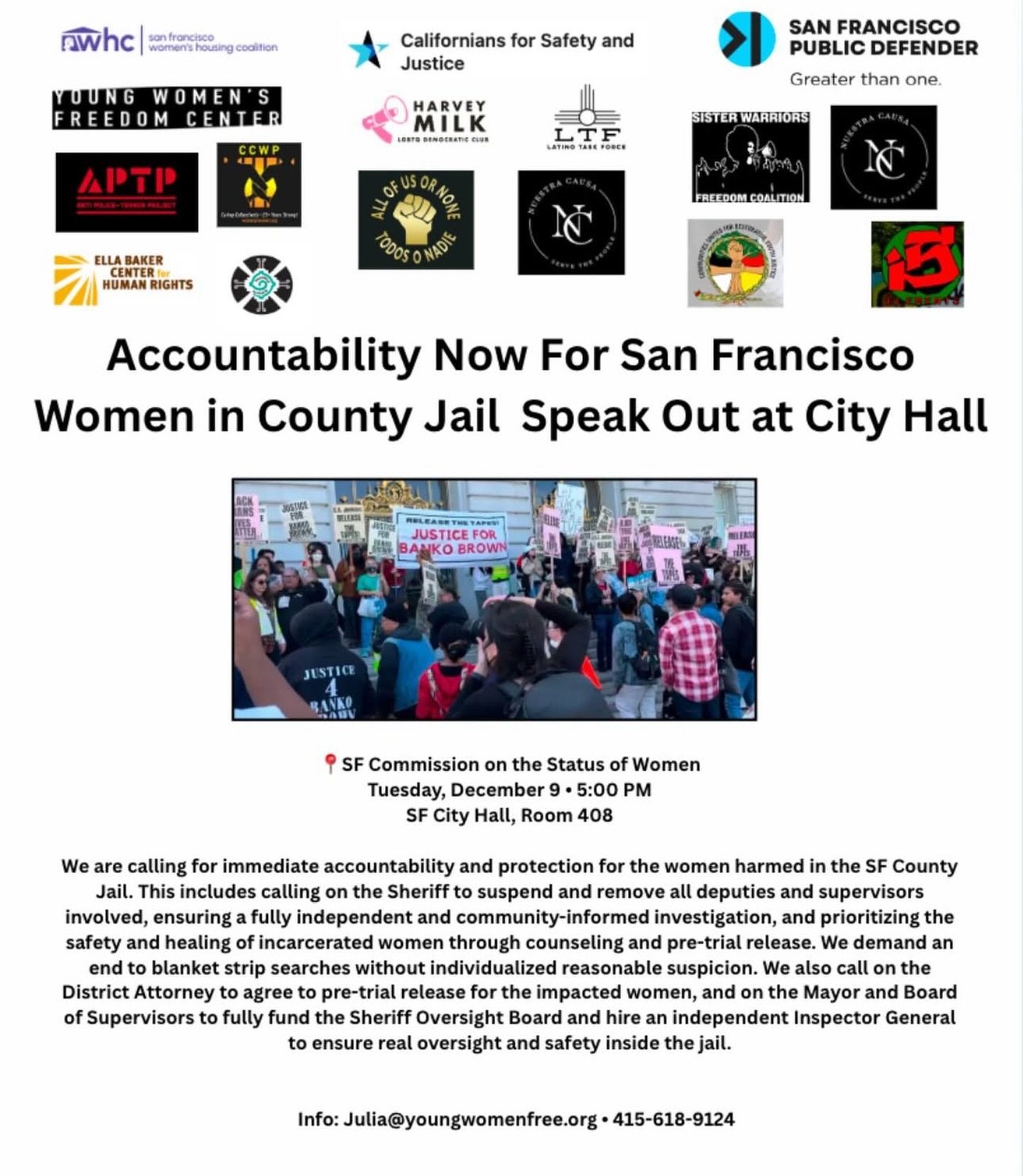 Join us and the leaders within the Families for Dignity and Justice (loved ones of those incarcerated) as we head to City Hall to collectively demand for accountability at the Commission on the Status of Women and speak up for our sisters who have be
