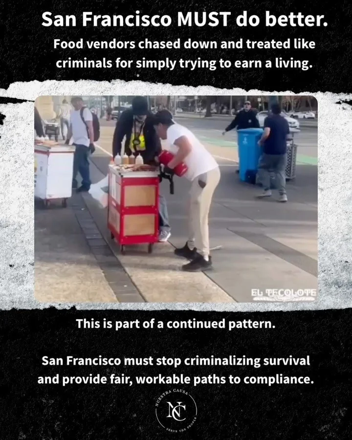 What we saw at the Embarcadero this weekend is unacceptable.

Food vendors were chased down and treated like criminals for simply trying to earn a living. A pattern that has continued. Their carts and belongings were taken, when they are working peop