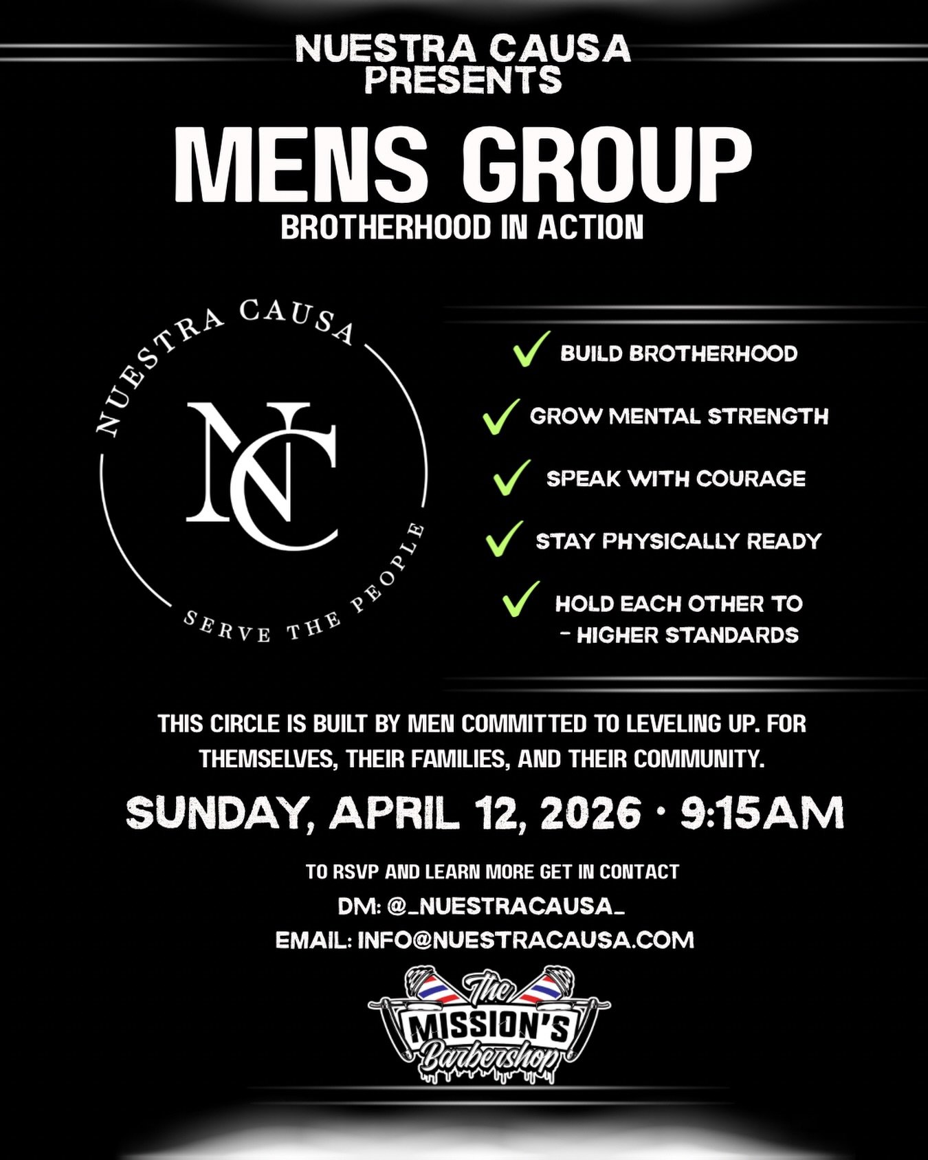 Brotherhood Group this Sunday! DM/Email to lock in. 

About the group: 

Rooted in the teachings and traditions handed down by elders and through the Compadres Network, NC Men&rsquo;s Groups carry forward a model of brotherhood, accountability, and c