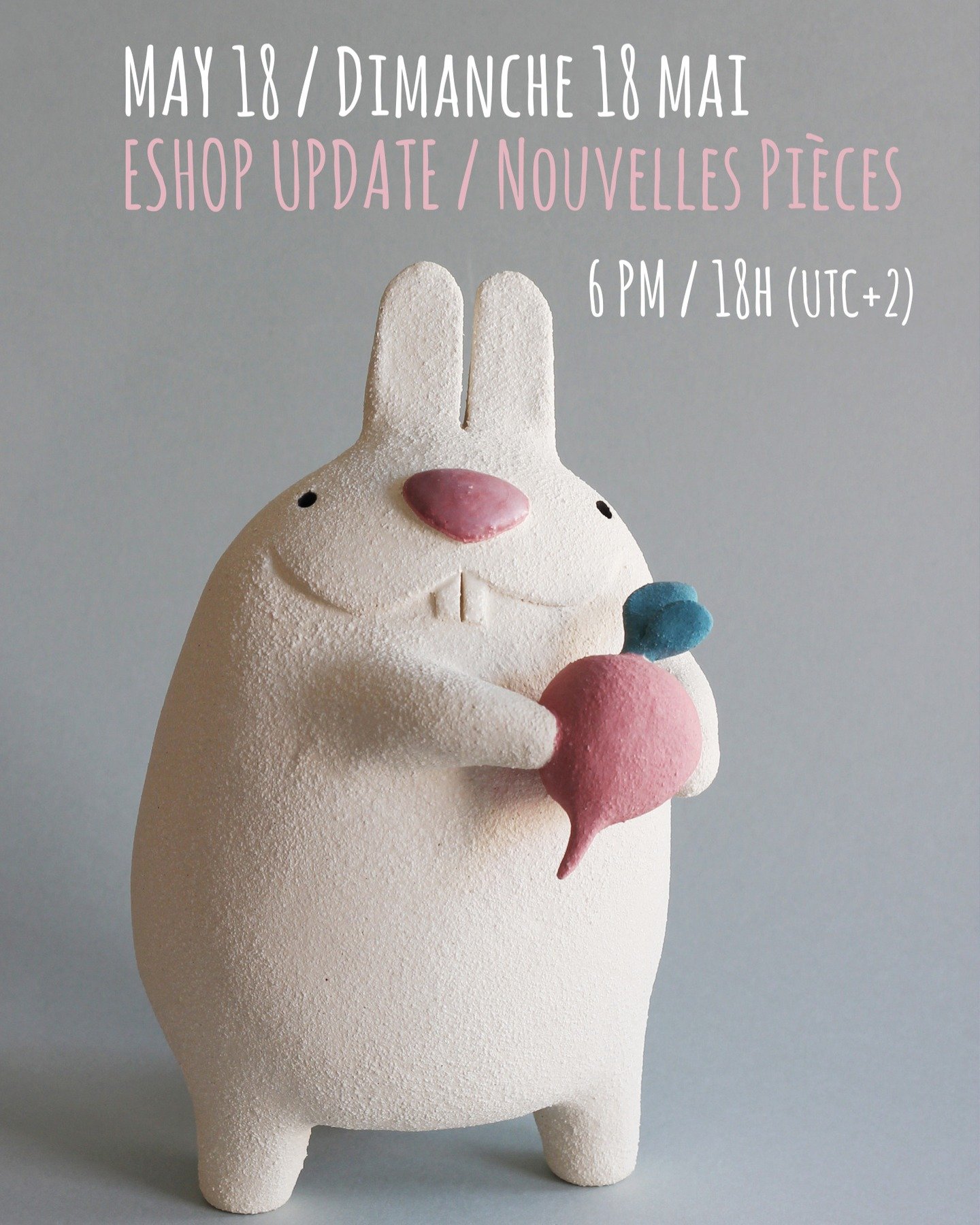 Bonjour, bonjour ! 
Une belle nouvelle par ici avec l'annonce du premier vrai r&eacute;assort de l'ann&eacute;e (enfin!).

Vous y trouverez plein de belles pi&egrave;ces et plein de minis ainsi qu'une pr&eacute;commande de minis :)

Rendez vous le di