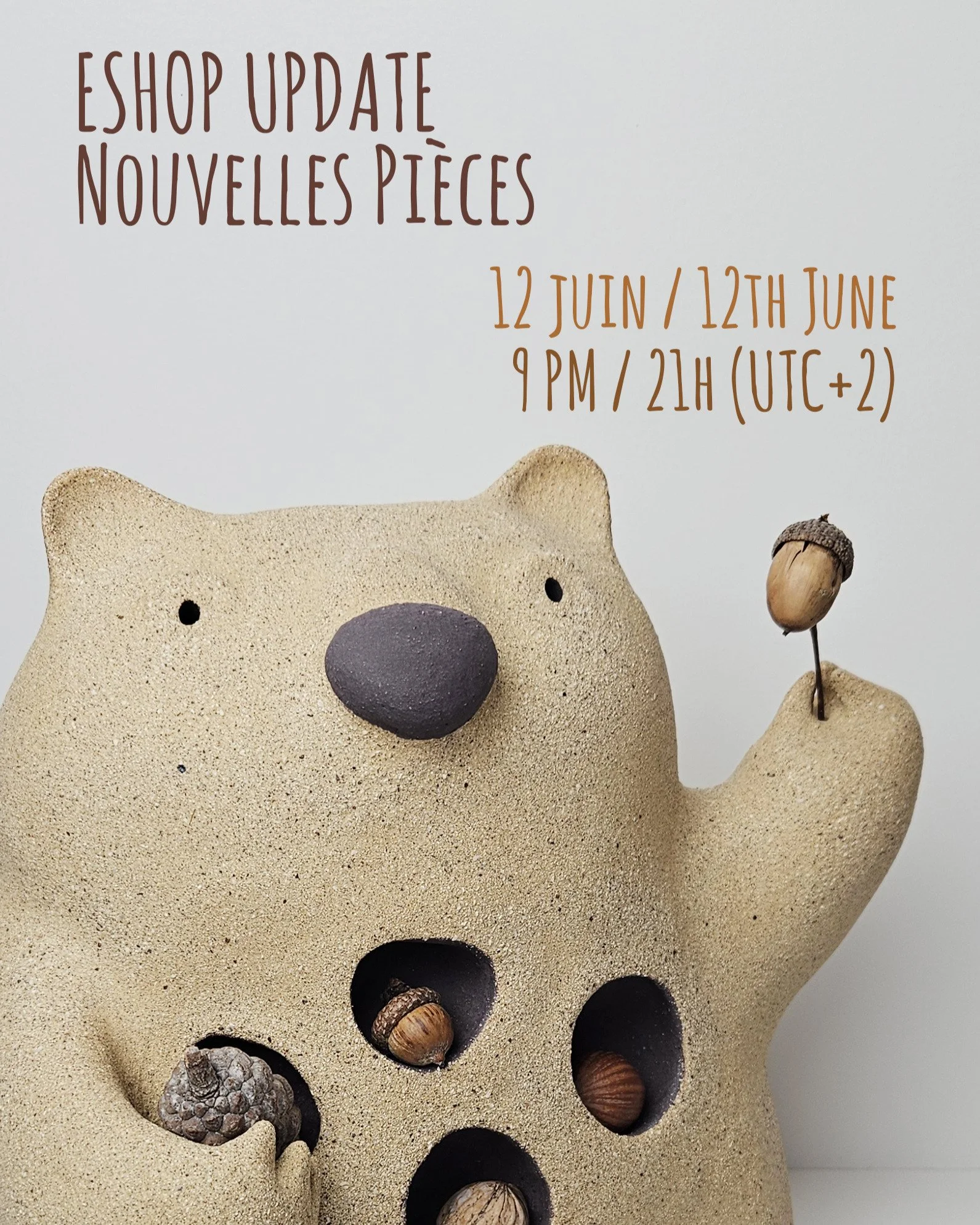 Vendredi 12 juin, rendez vous sur l'eshop pour un r&eacute;assort plein de pi&egrave;ces ! 

Ce sera &agrave; 21h, heure france m&eacute;tropolitaine, sur mon site habituel. 

A priori ce sera la derni&egrave;re vente sur cette plateforme avant de ch