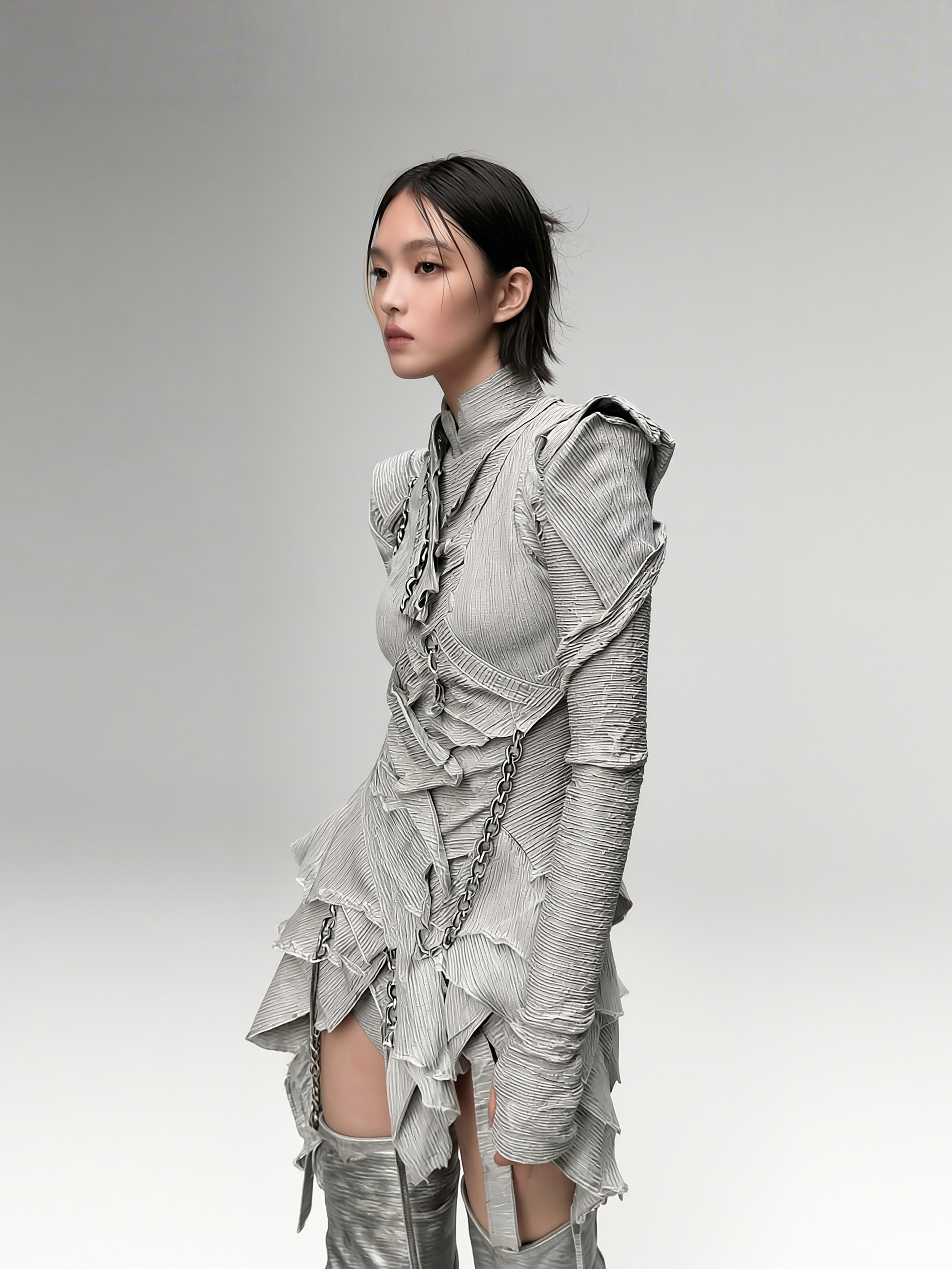 Model and brand ambassador Jun Xeda wearing an otherworldly textured dress that is layered with fitted bodice, expressed ruffles and a draped hemline. She is wearing thigh high silver boots with a tabi design, for digital fashion brand [ze Luna].