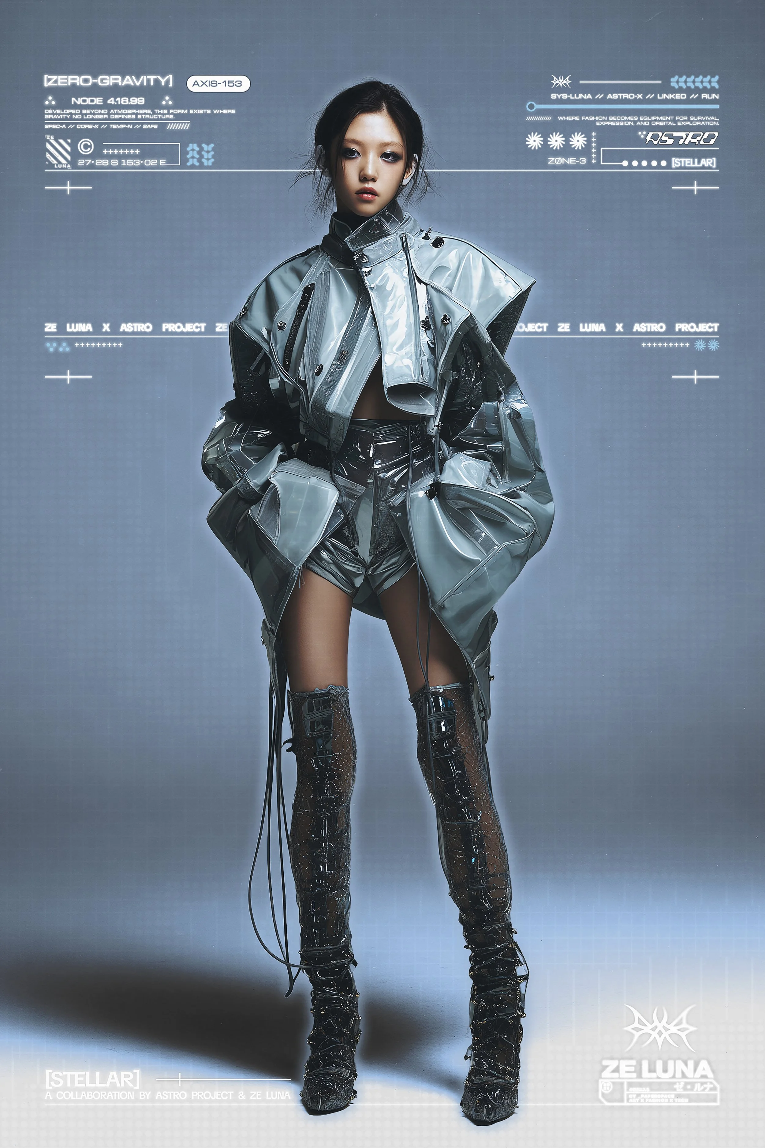 A sci-fi fashion editorial poster featuring a model wearing an otherworldly sci-fi inspired overcoat with slits and details, paired with a matching thigh high textured boots that look futuristic. Collaborative release by [ze Luna].