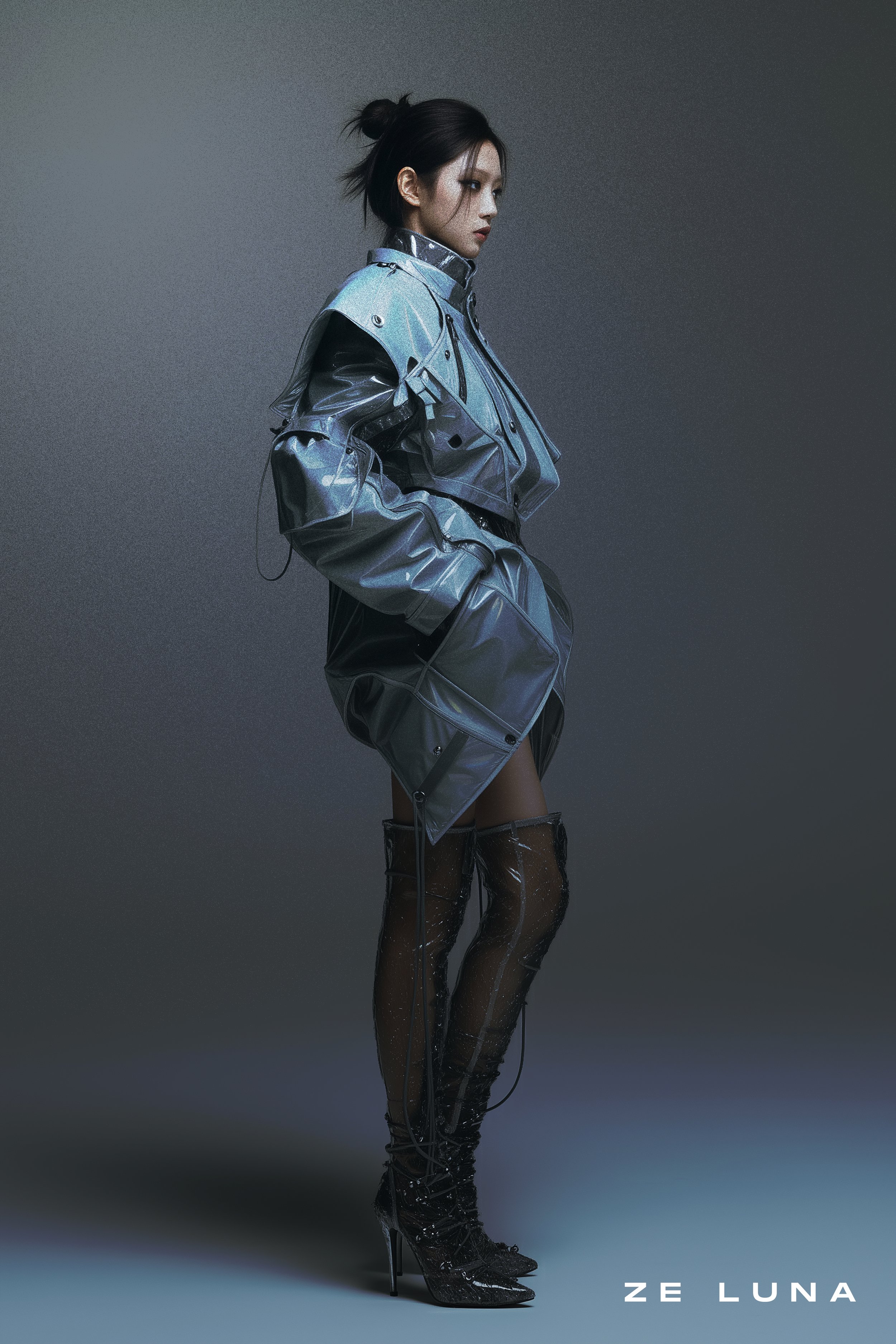 A sci-fi fashion editorial poster featuring a model wearing an otherworldly sci-fi inspired overcoat with slits and details, paired with a matching thigh high textured boots that look futuristic. Collaborative release by [ze Luna].