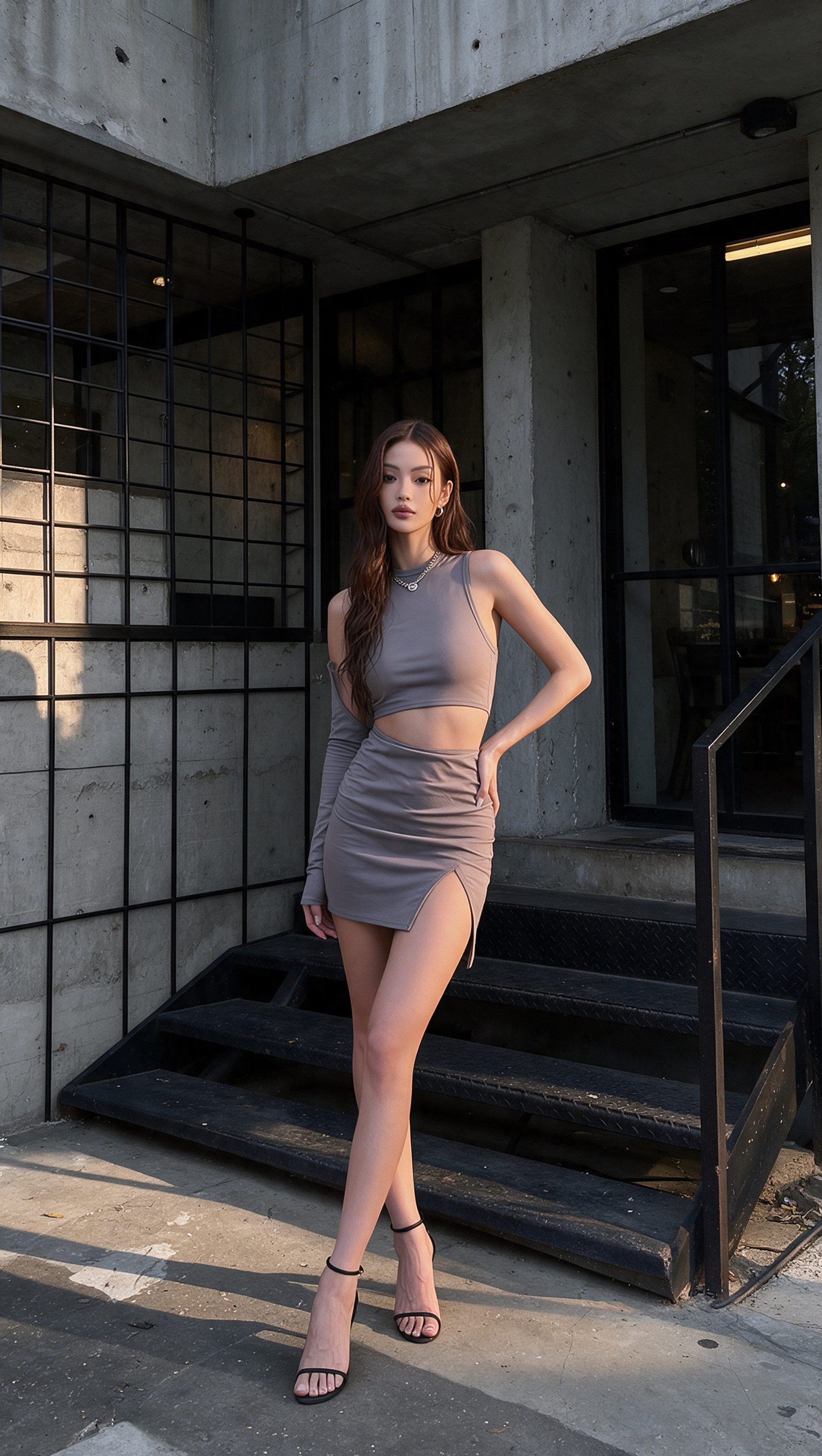 Model Xia Iseri posing in a casual grey outfit with a cropped top and a skirt outside what seemed like a cafe, against the evening sun. She has beautiful long hair and a striking presence.