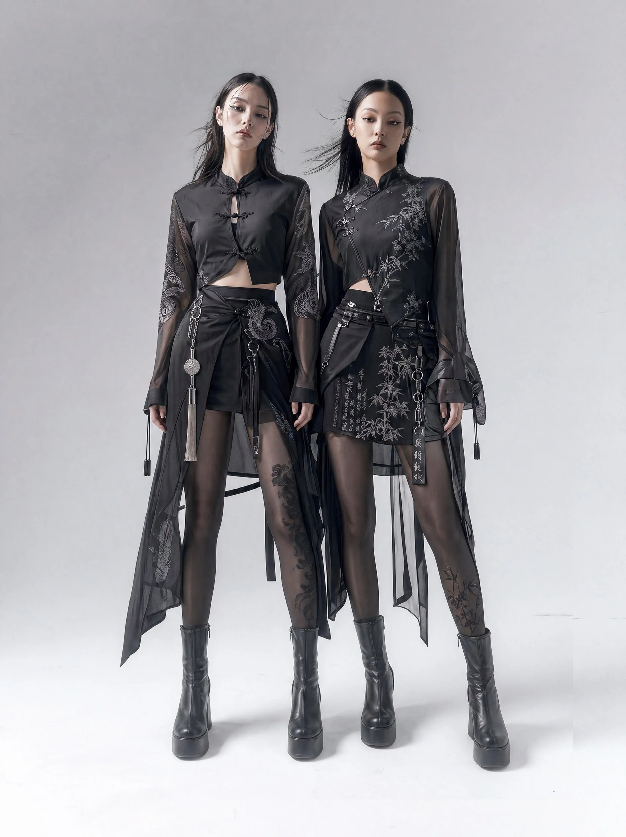 Models and brand ambassadors Xia Iseri & Jun Xeda pose in a new-age neo-Chinese fashion editorial photoshoot, wearing stylish matching outfits for digital fashion brand [ze Luna]. The black outfits are a fusion of tradition and modernity.