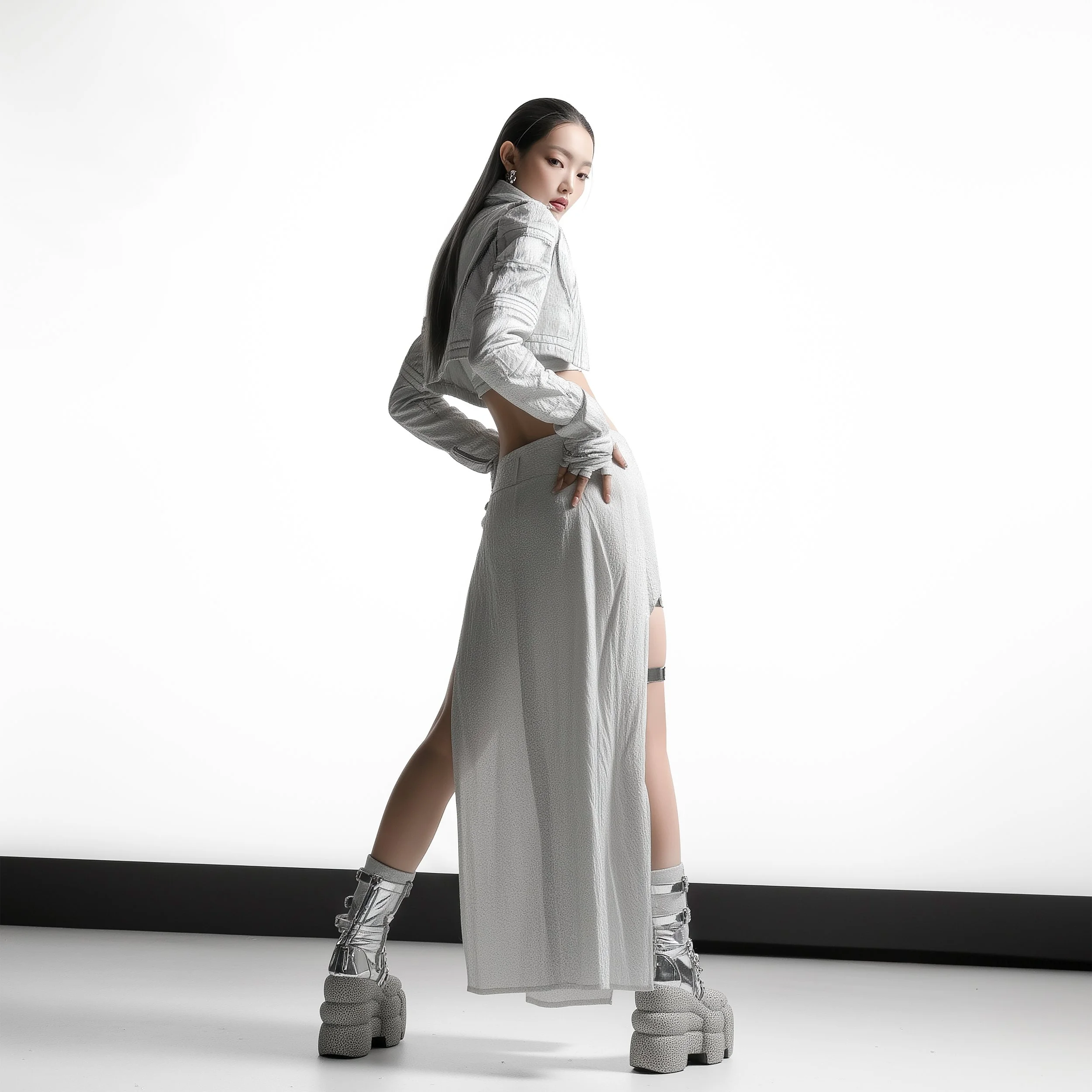 Model Xia Iseri poses in a full-white long dress and a long sleeve cropped top, in a neutral background, wearing high cut chrome textured platforms [Mercury], as part of the [Offworld] editorial series by digital fashion brand [ze Luna].