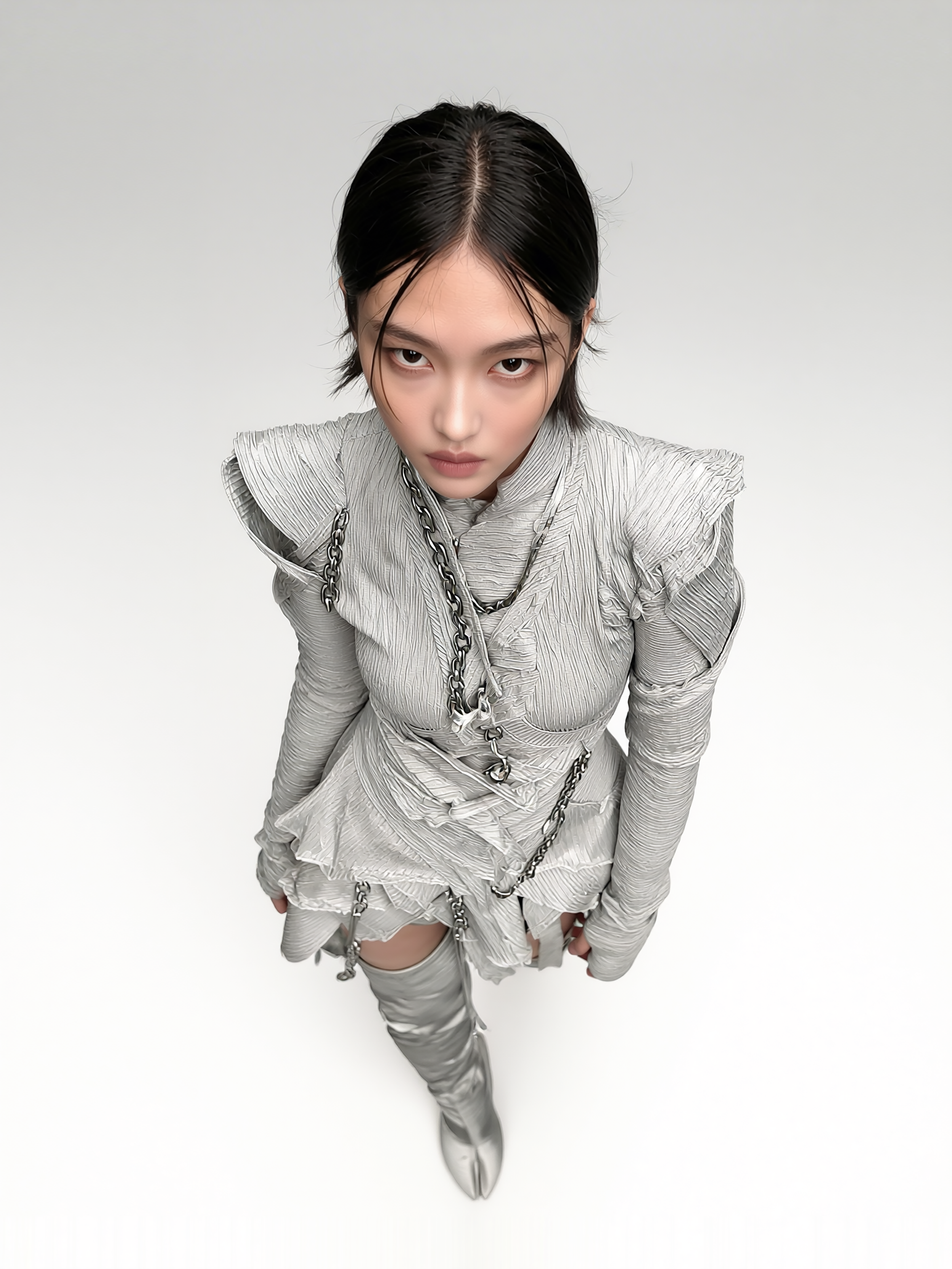 Model and brand ambassador Jun Xeda wearing an otherworldly light gray textured dress that is layered with fitted bodice, expressed ruffles and a draped hemline. She is wearing thigh high silver boots with a tabi toe design, for digital fashion brand