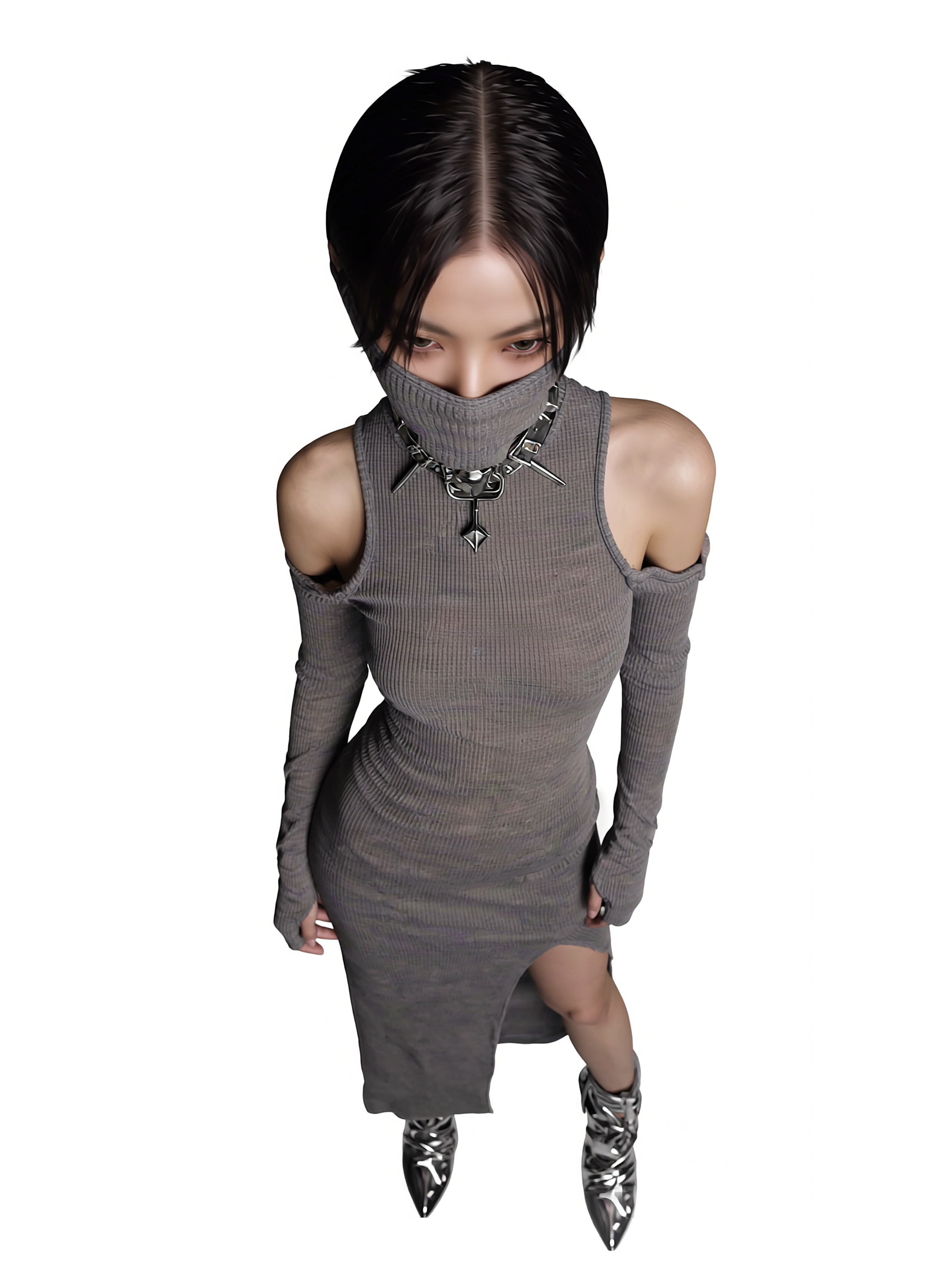 Model Xia Iseri posing in an avant-garde gray tight dress with a joint cloth that serves as a face mask, covering the bottom half of her face. This new dress is part of the latest [Offworld] collection released by digital fashion brand [ze Luna].