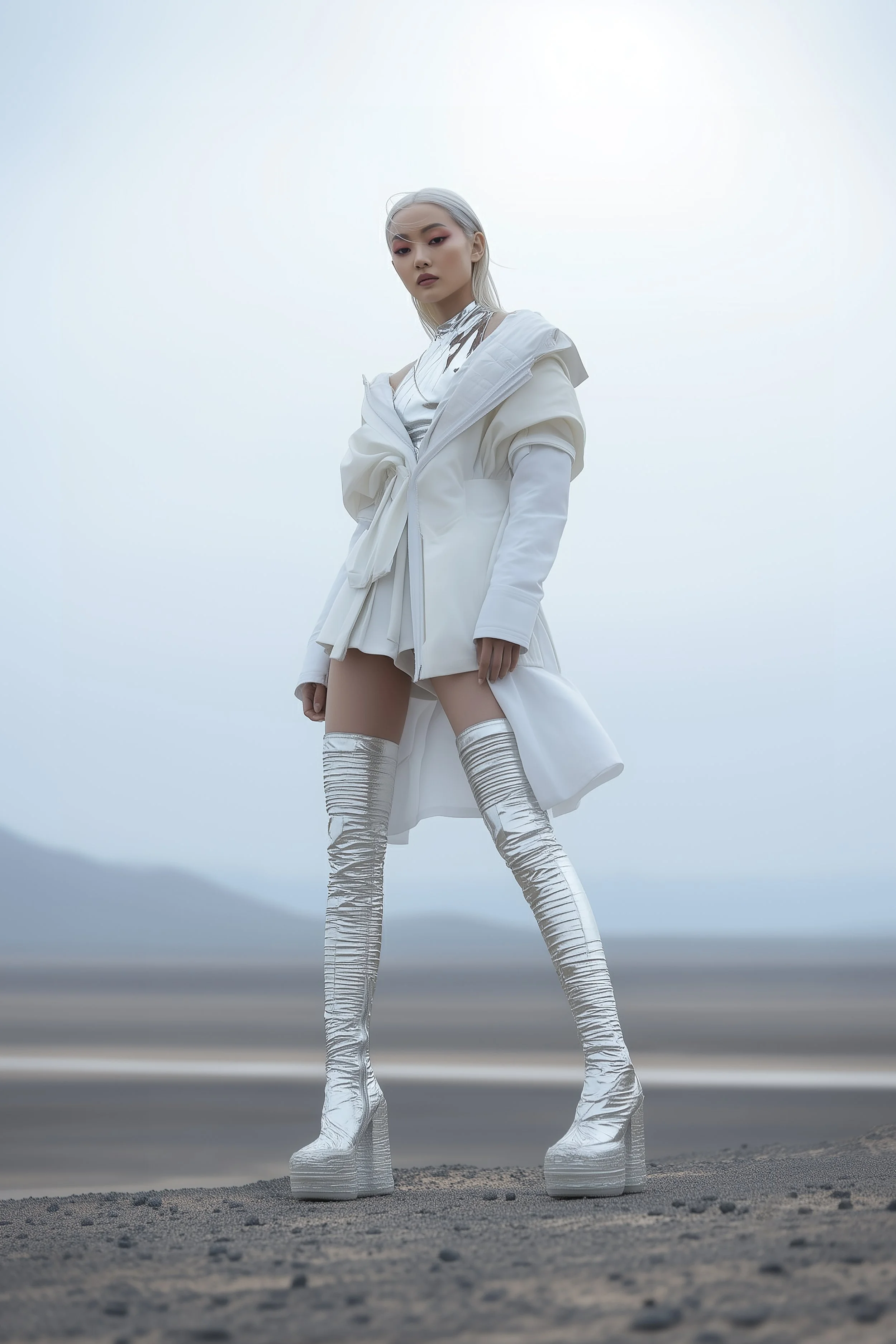 Model and brand ambassador Xia Iseri wearing an avant-garde white outfit, with a coat and a chrome inner wear, with high textured style boots, posing boldly in an outdoor alien planet desert environment, for digital fashion brand [ze Luna].