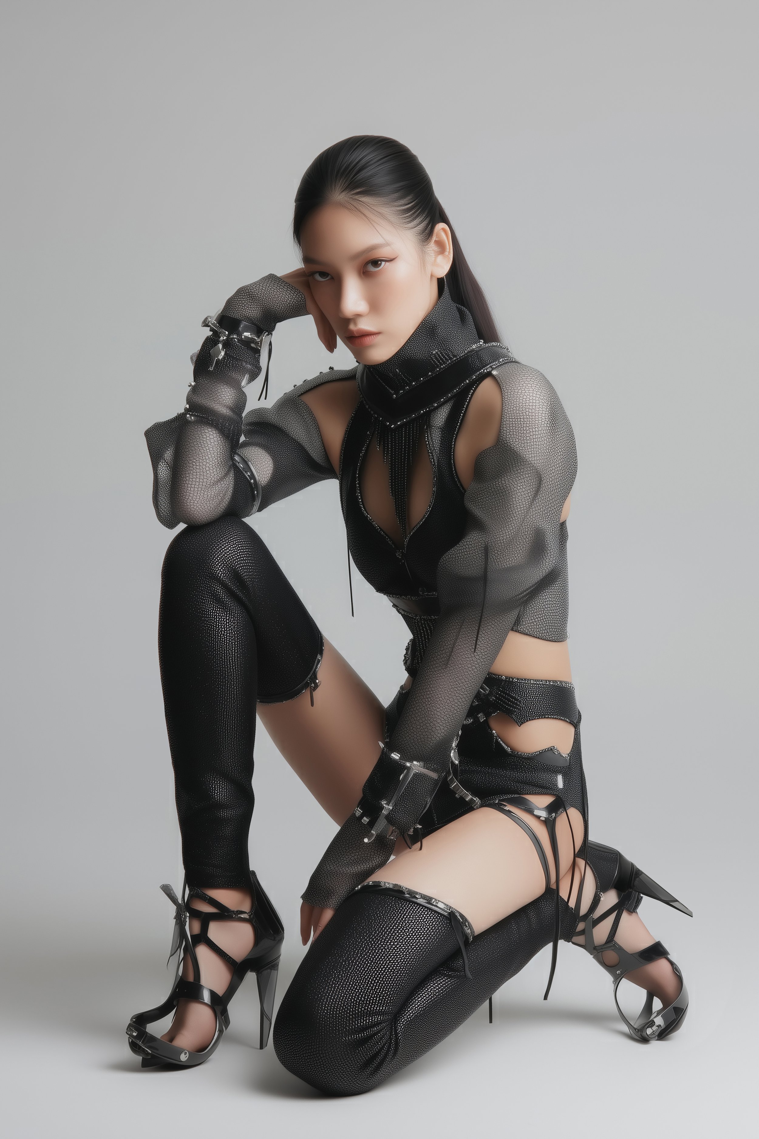 Model posing in a functional yet aesthetic ninja-inspired outfit that is avant-garde and fashionable. She is posing in a studio setting for digital fashion brand [ze Luna]. The outfit is intricate and detailed, combining high fashion with function.
