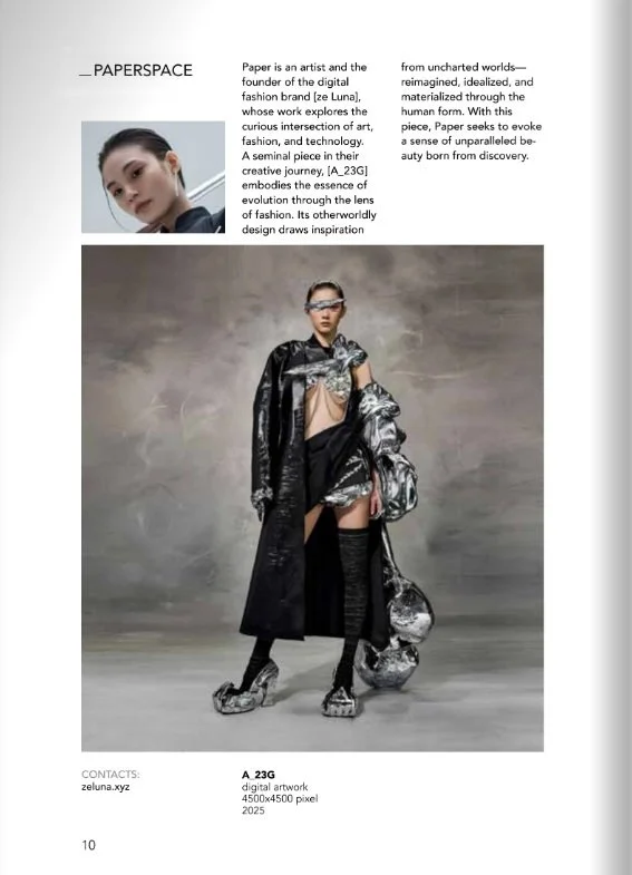 Full page feature of the artwork [A_23G], created by _paperspace, artist and founder of digital fashion brand [ze Luna], exhibited at the Paris Art Expo 2025, held in Paris, France. The exhibition is curated by Musa Art International.