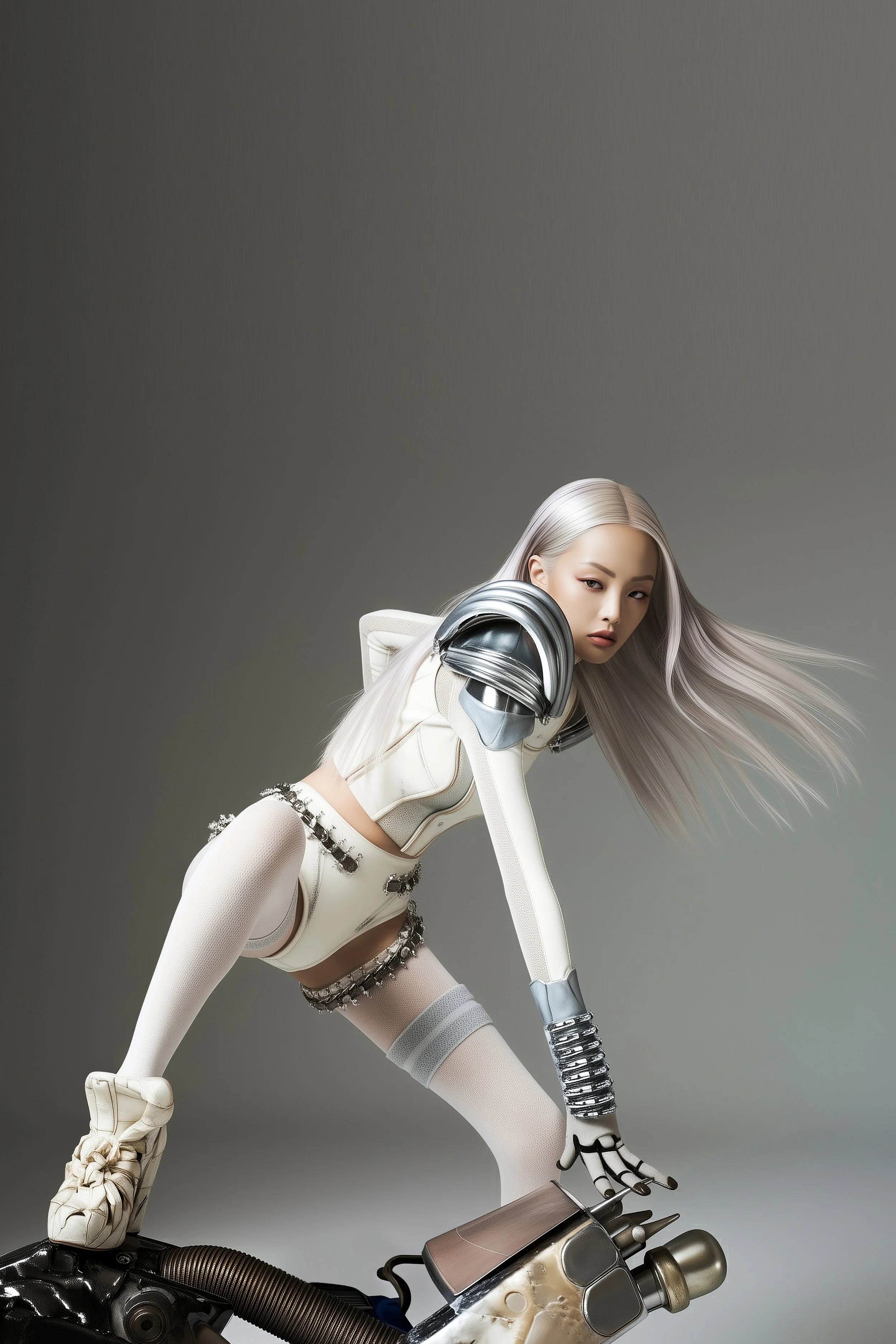 Model and brand ambassador Xia Iseri wearing an avant-garde primal-inspired white and chrome outfit, posing boldly on top of a sculptural object. The design is grunge yet futuristic and bold, featuring a primal footwear and large chrome shoulderpads.
