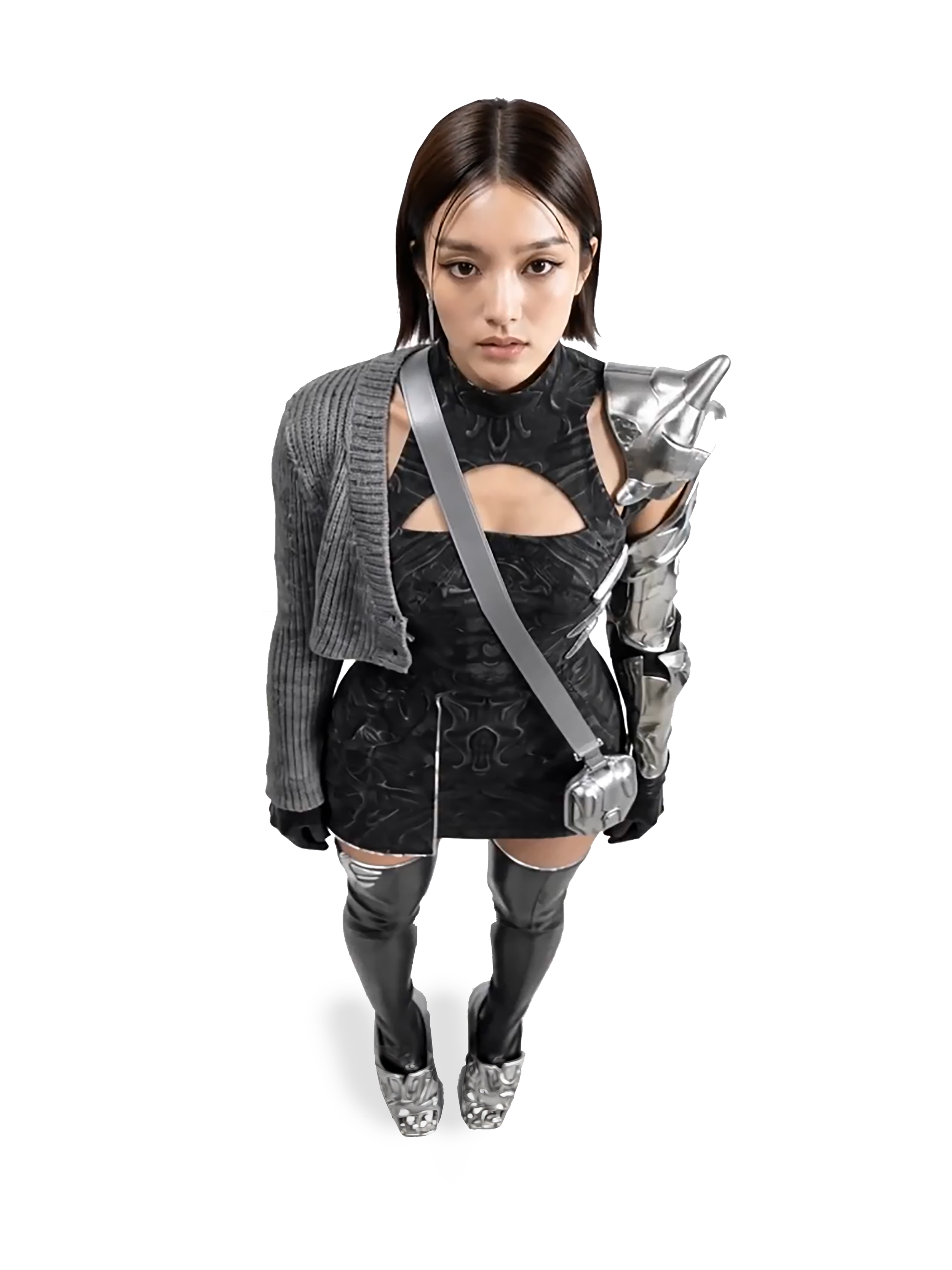 Model and brand ambassador Jun Xeda posing in an editorial photoshoot for digital fashion brand [ze Luna]. She is wearing a bold avant-garde black dress with chrome armor like accessories, with black stockings and a chrome bag and a grey half coat.