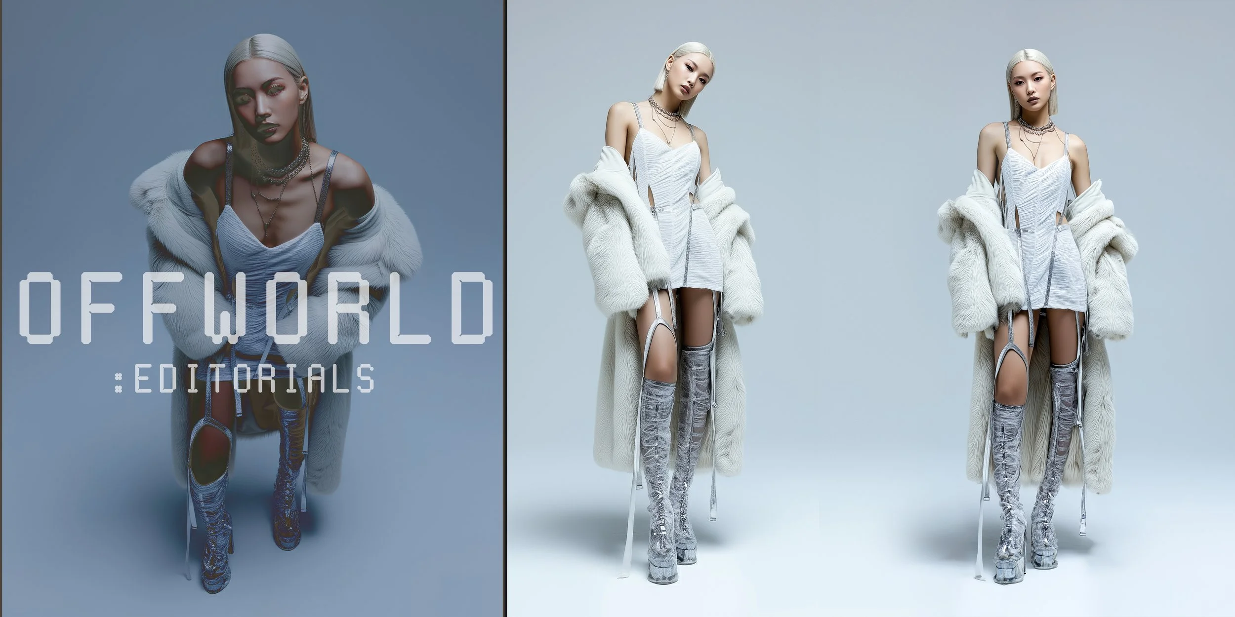 Fashion editorial featuring multiple views of the same model, posing confidently and boldly in a full white avant-garde fashion stylish outfit, consisting of a fur coat, stylish short dress and thigh high silver chrome boots.