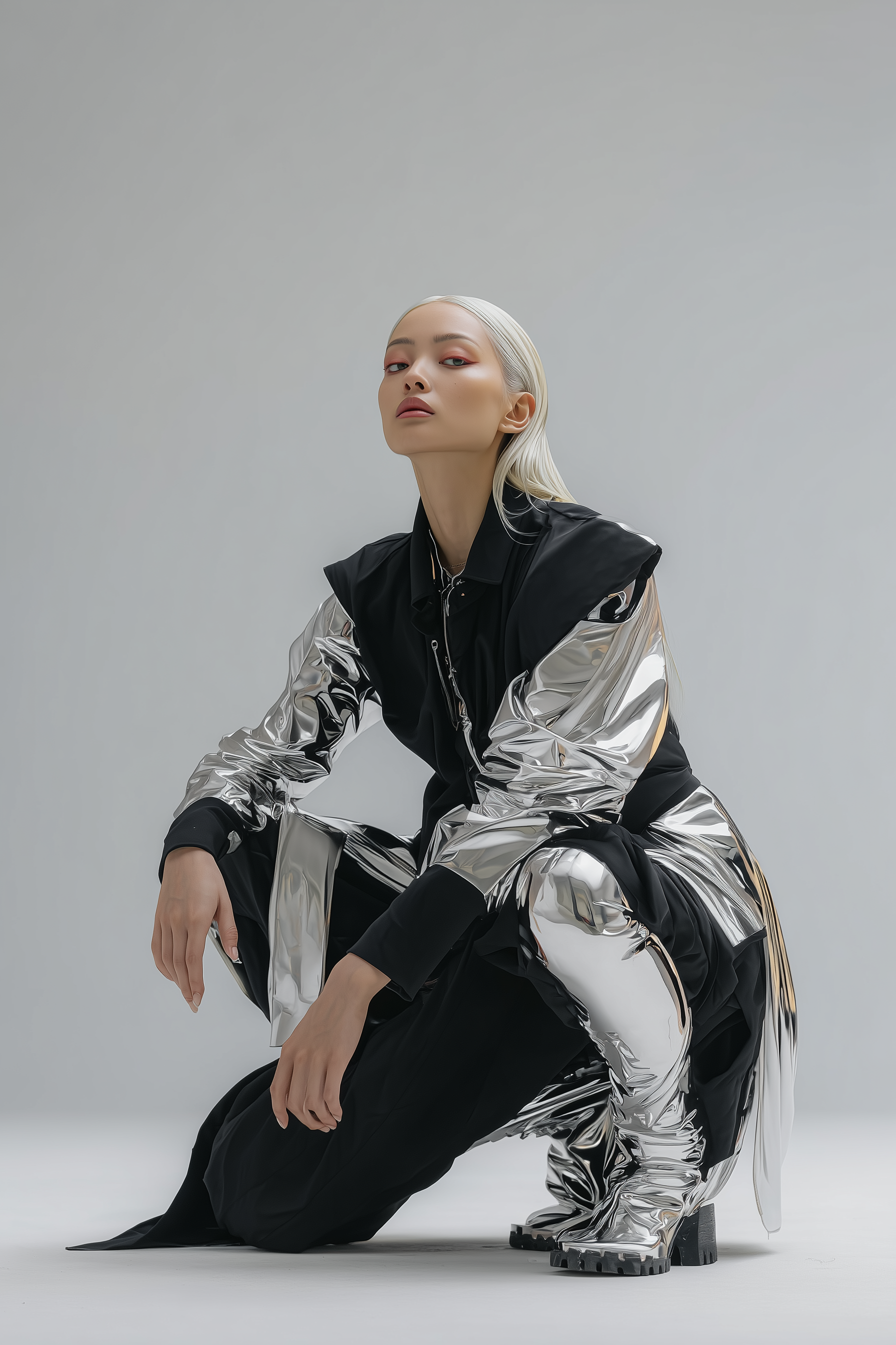 Model Xia Iseri posing with platinum blonde hair in a futuristic, metallic black and silver outfit, squatting against a plain light gray background. She is posing for digital fashion brand [ze Luna] in an [Offworld] photoshoot.