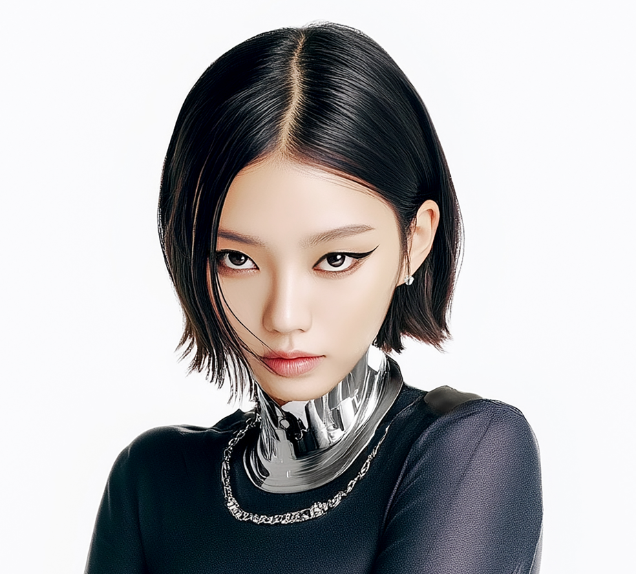 Model and brand ambassador Jun Xeda in a fashion editorial. Portrait shoot that showcases her in a chrome and black avant-garde outfit with stylish hair. She is posing boldly for digital fashion brand [ze Luna].