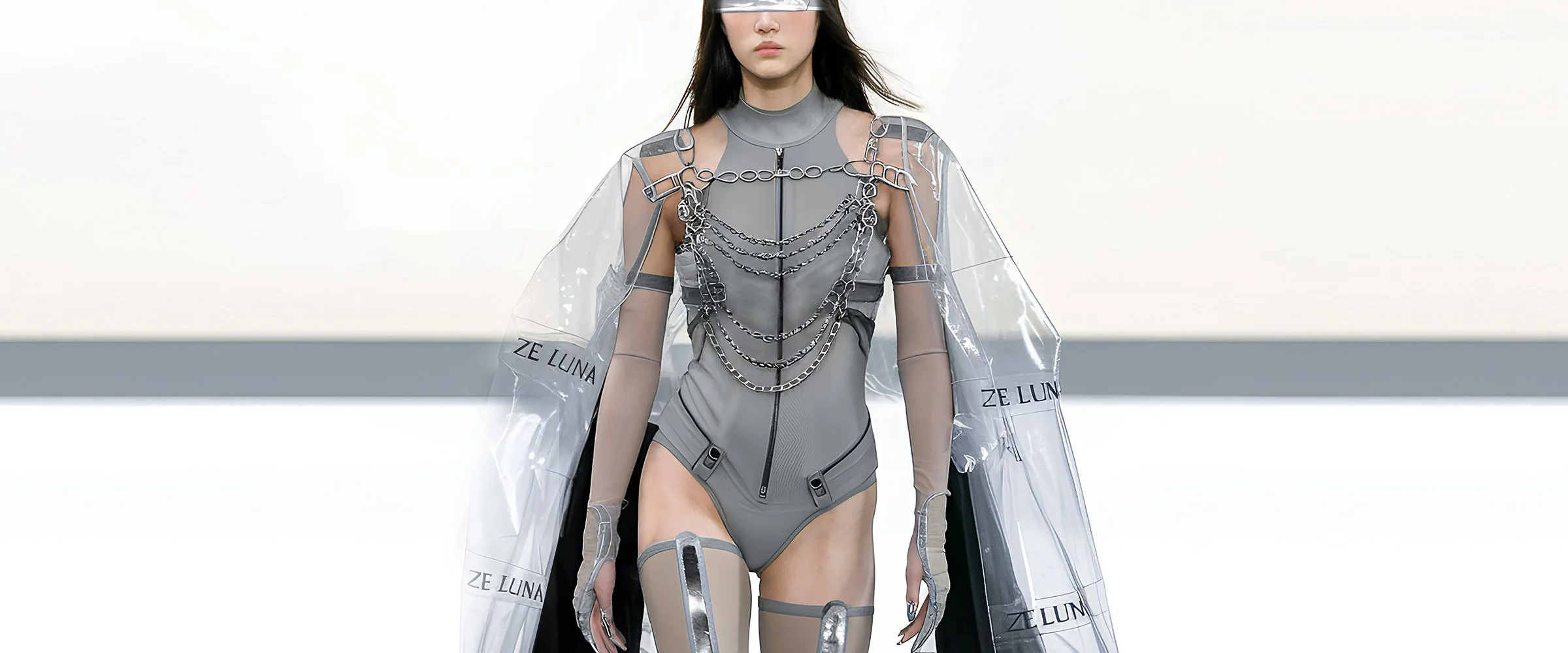 A cover piece for digital fashion brand [ze Luna]'s latest [Offworld] release, featuring a fashion piece with avant-garde aesthetics and otherworldly vibes.