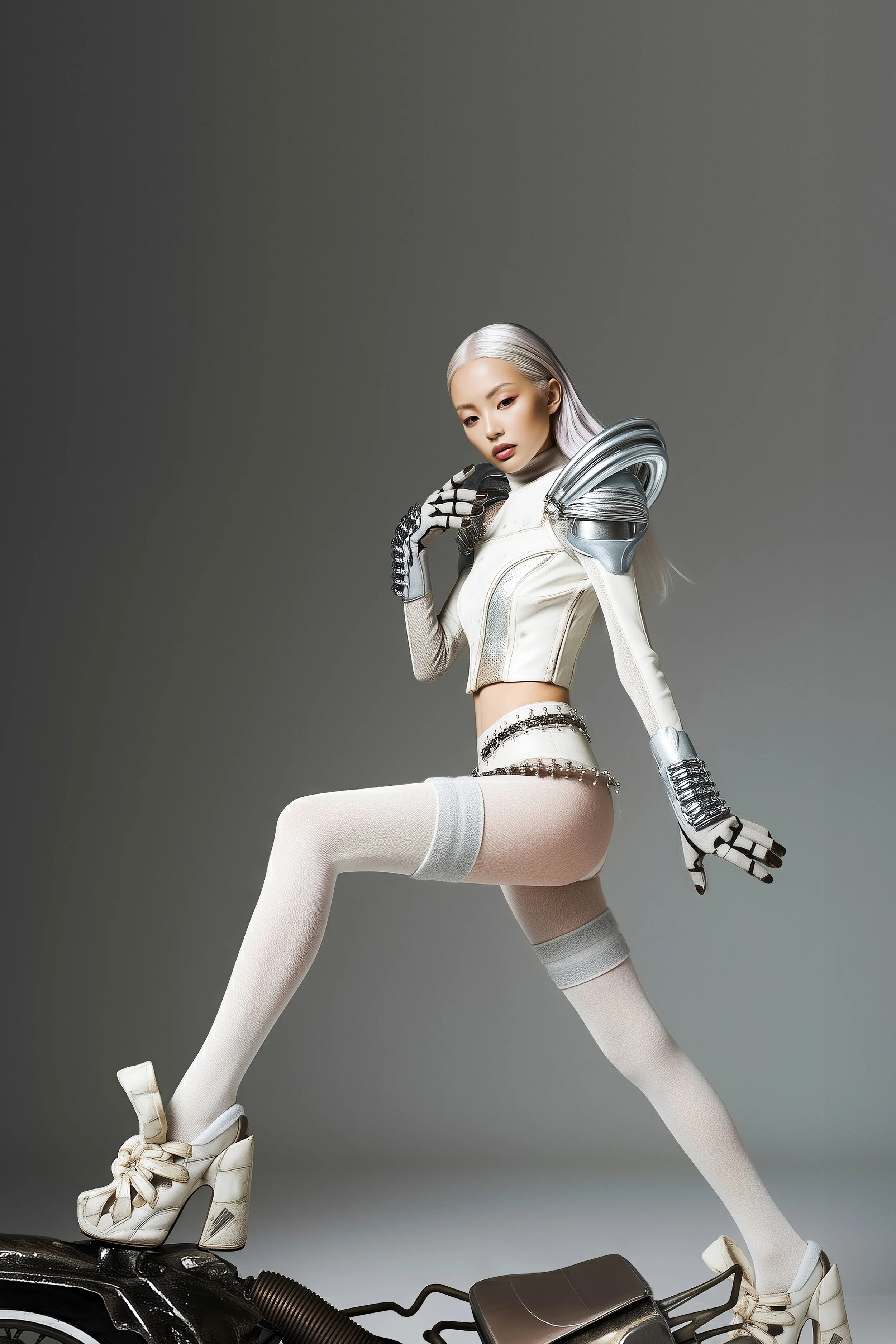 Model and brand ambassador Xia Iseri wearing an avant-garde primal-inspired white and chrome outfit, posing boldly on top of a sculptural object. The design is grunge yet futuristic and bold, featuring a primal footwear and large chrome shoulderpads.