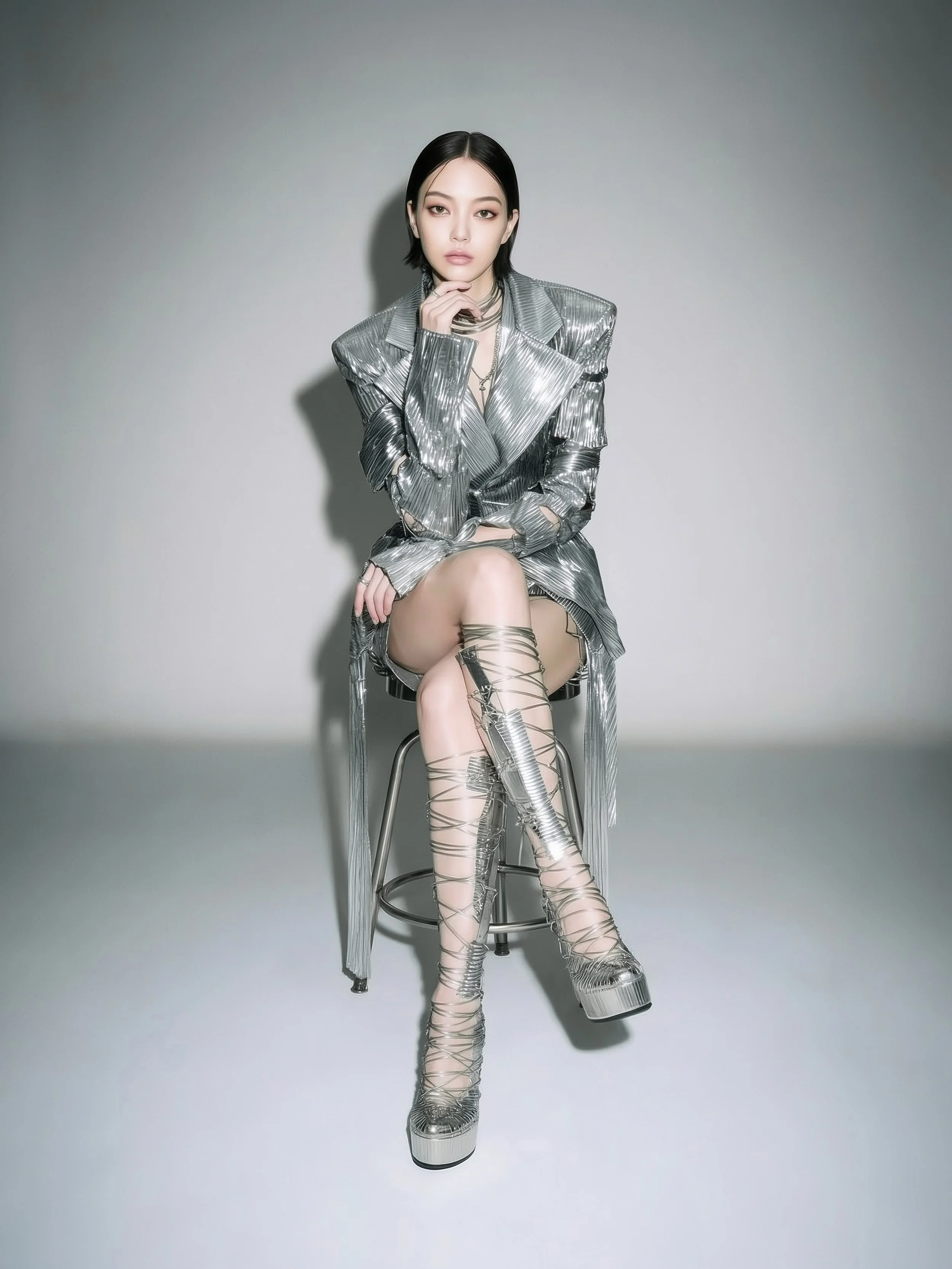 Model and brand ambassador Jun Xeda in a striking silver embellished textured dress with matching heels. The outfit is otherworldly and resembles an interstellar stream, designed by digital fashion brand [ze Luna] for the [Offworld] collection.