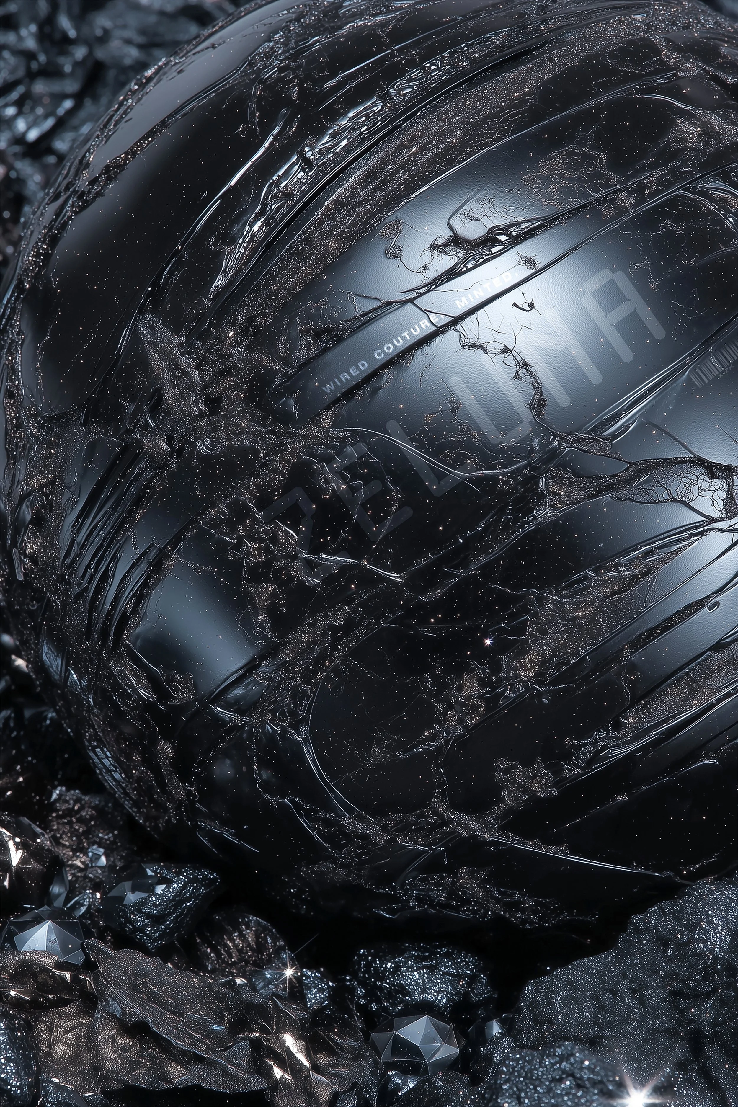 An otherworldly alien planet image with a spherical alien object with the text 'ze Luna' on it. Filler fashion editorial image for digital fashion brand [ze Luna].