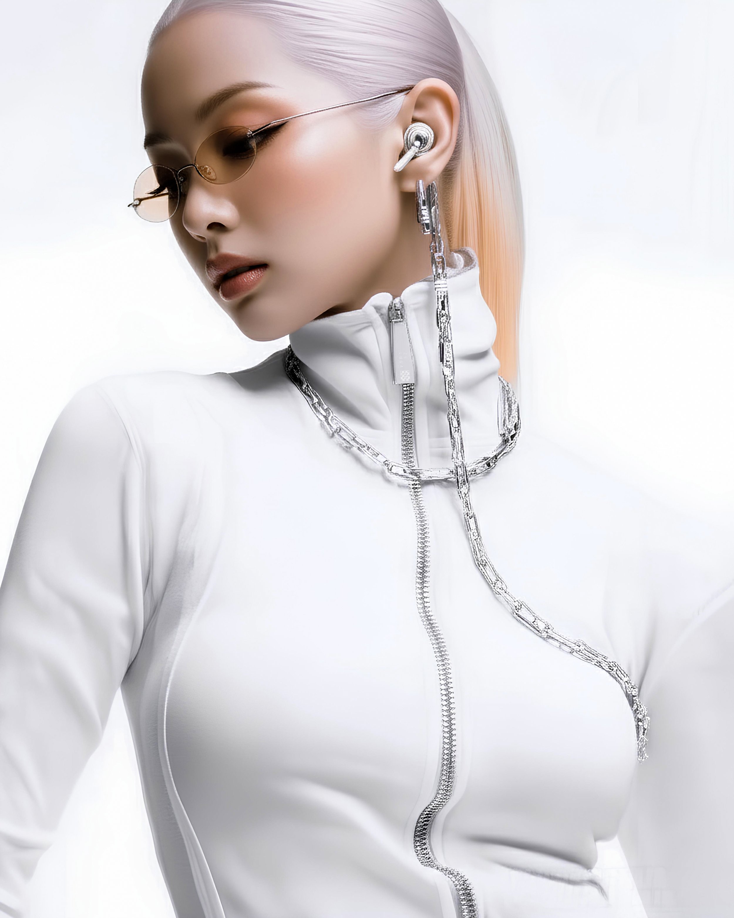 Model Xia Iseri posing in a white top with minimalist glasses. She is posing for an editorial shoot for digital fashion brand [ze Luna]. Her outfit is comes with chrome accessories.