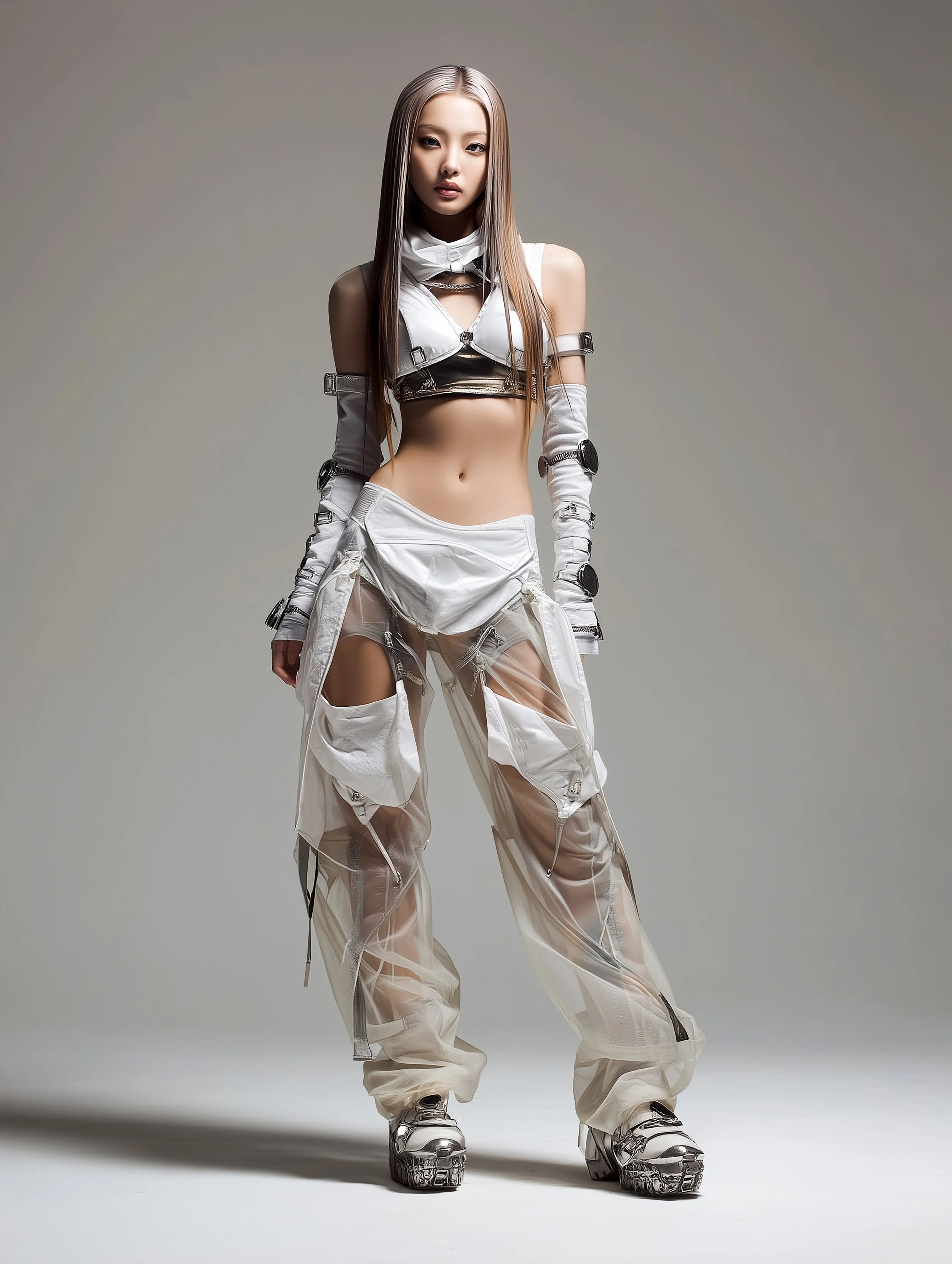 A model posing boldly and confidently, wearing an avant-garde experimental streetwear styled fashion that consists of white layered fabric, chrome inserts and a pair of chrome boots, designed by digital fashion brand [ze Luna].