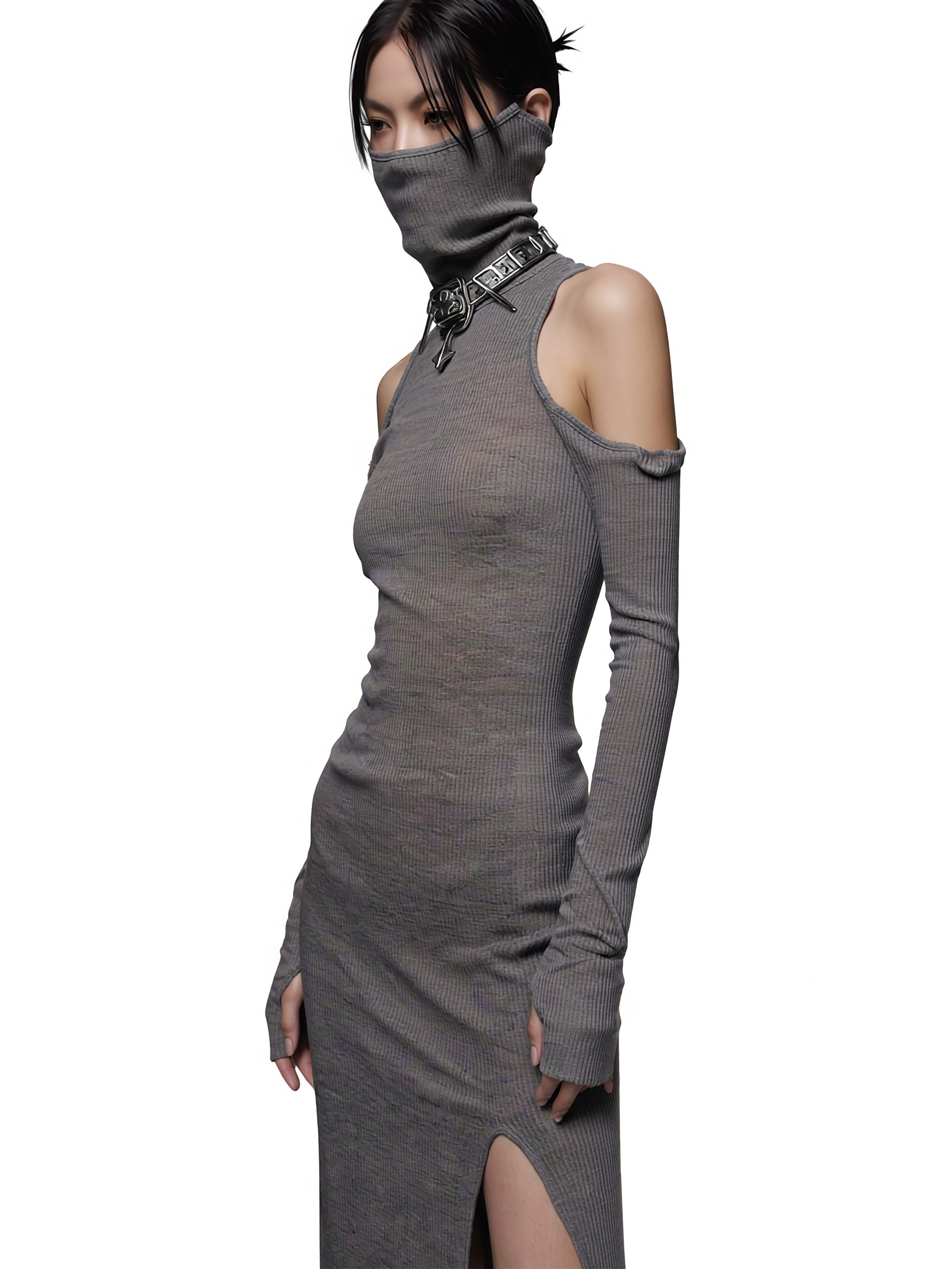 Model Xia Iseri posing in an avant-garde gray tight dress with a joint cloth that serves as a face mask, covering the bottom half of her face. This new dress is part of the latest [Offworld] collection released by digital fashion brand [ze Luna].