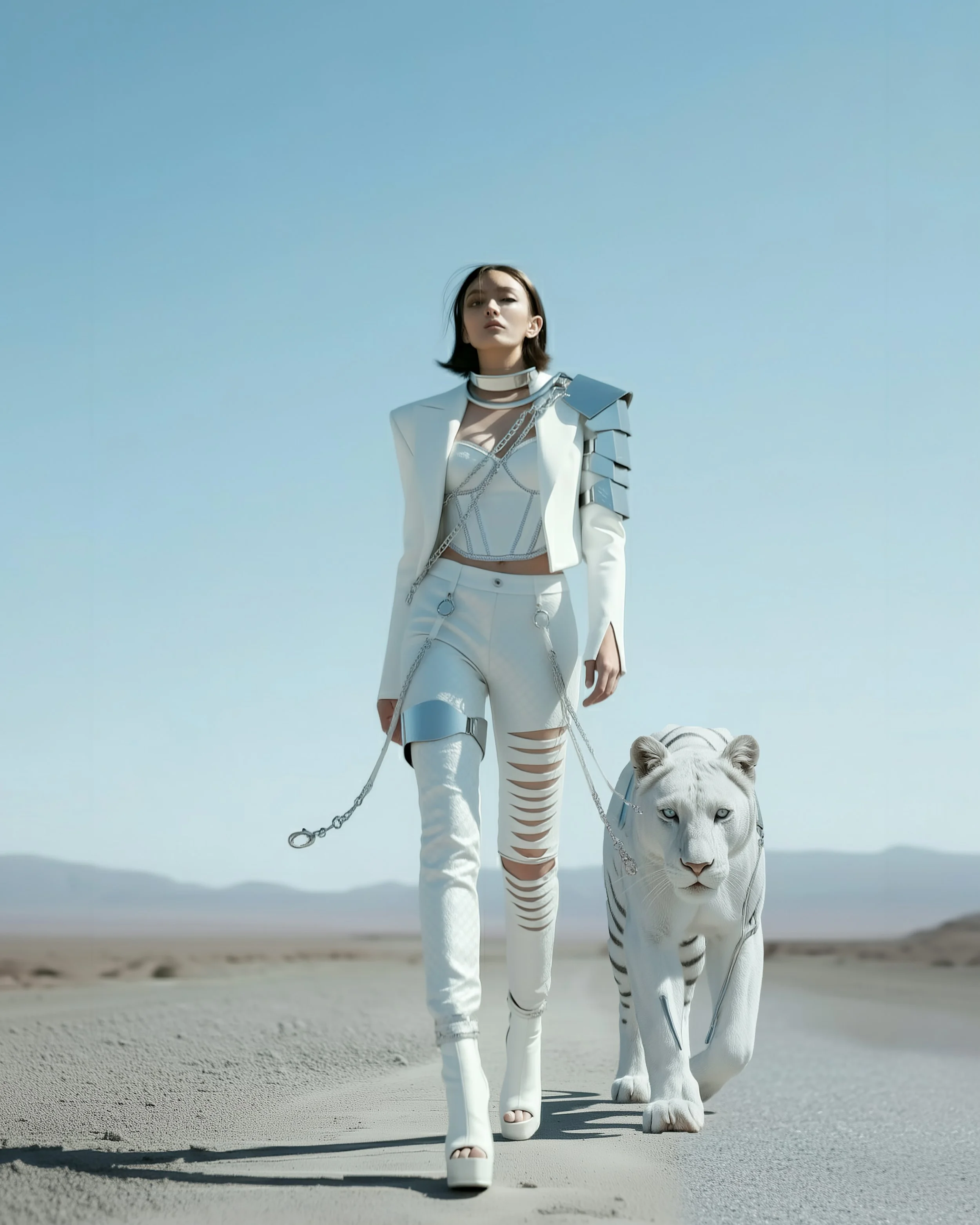 Model and brand ambassador Jun Xeda posing for an outdoor photoshoot for digital fashion brand [ze Luna]. She is in an all-white and chrome outfit, inspired by the panther. She has a white panther closely following beside her.