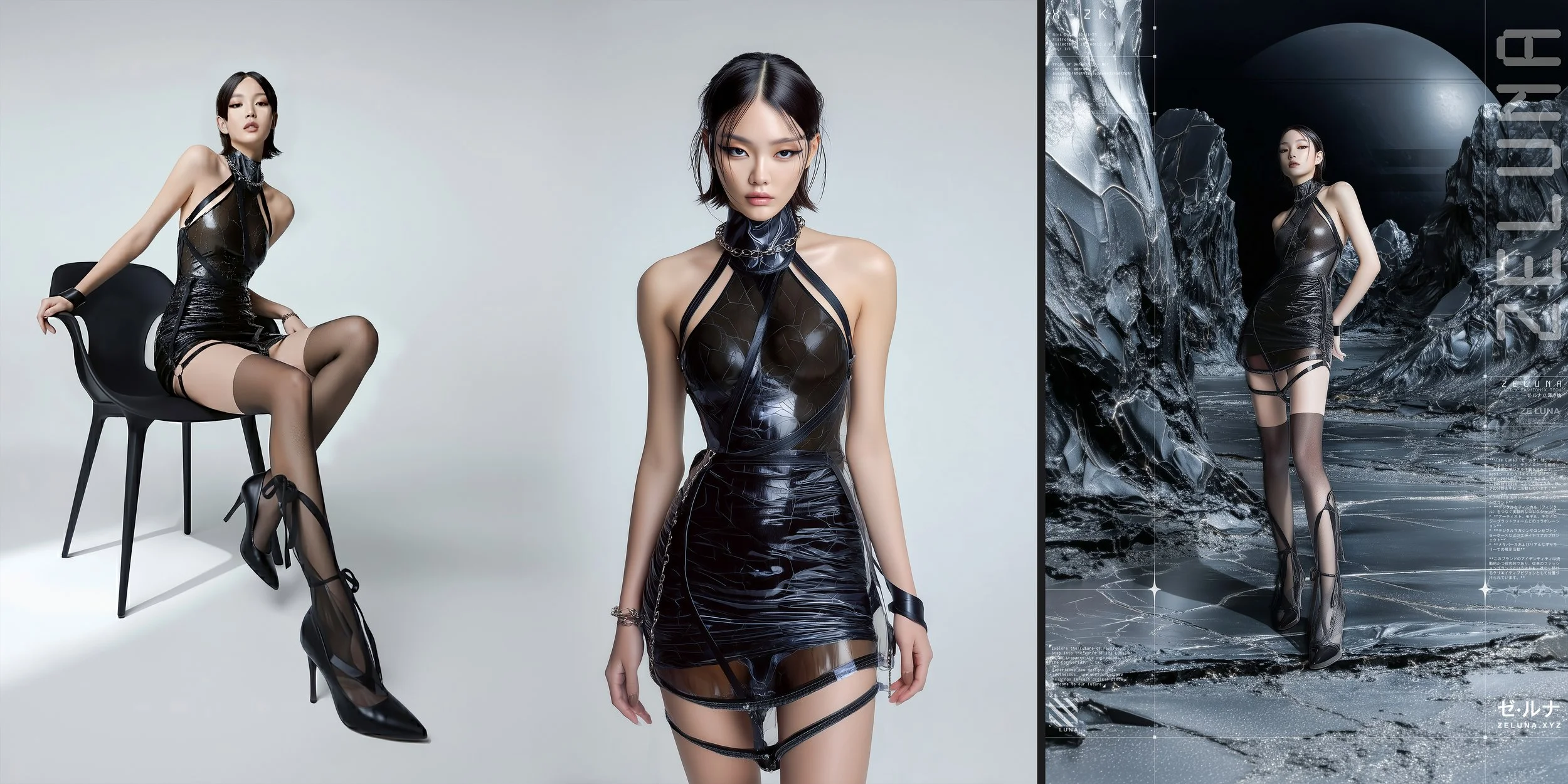 Model and brand ambassador Jun Xeda posing in a new-age tight black outfit, posing in multiple angles for an [Offworld] fashion shoot in an otherworldly planet environment for digital fashion brand [ze Luna].