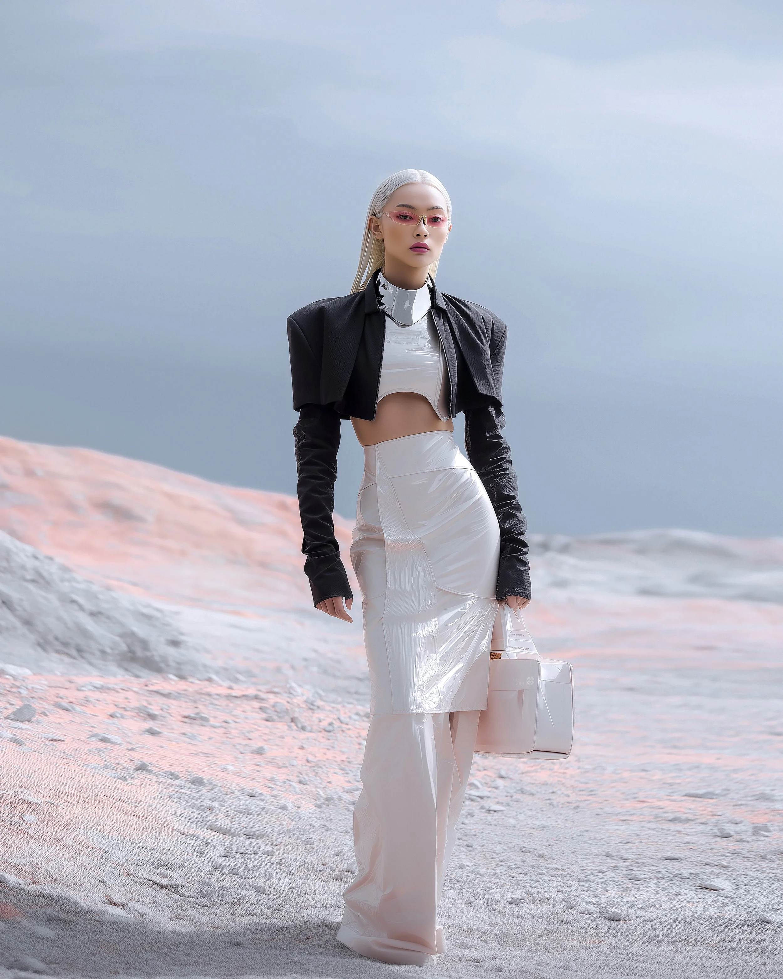 Model Xia Iseri in a [ze Luna] future fashion [OFFWORLD] photoshoot with platinum blonde hair and pink sunglasses wearing a futuristic black and white outfit, standing in a desert-like landscape with a light blue sky. Model: Xia Iseri.
