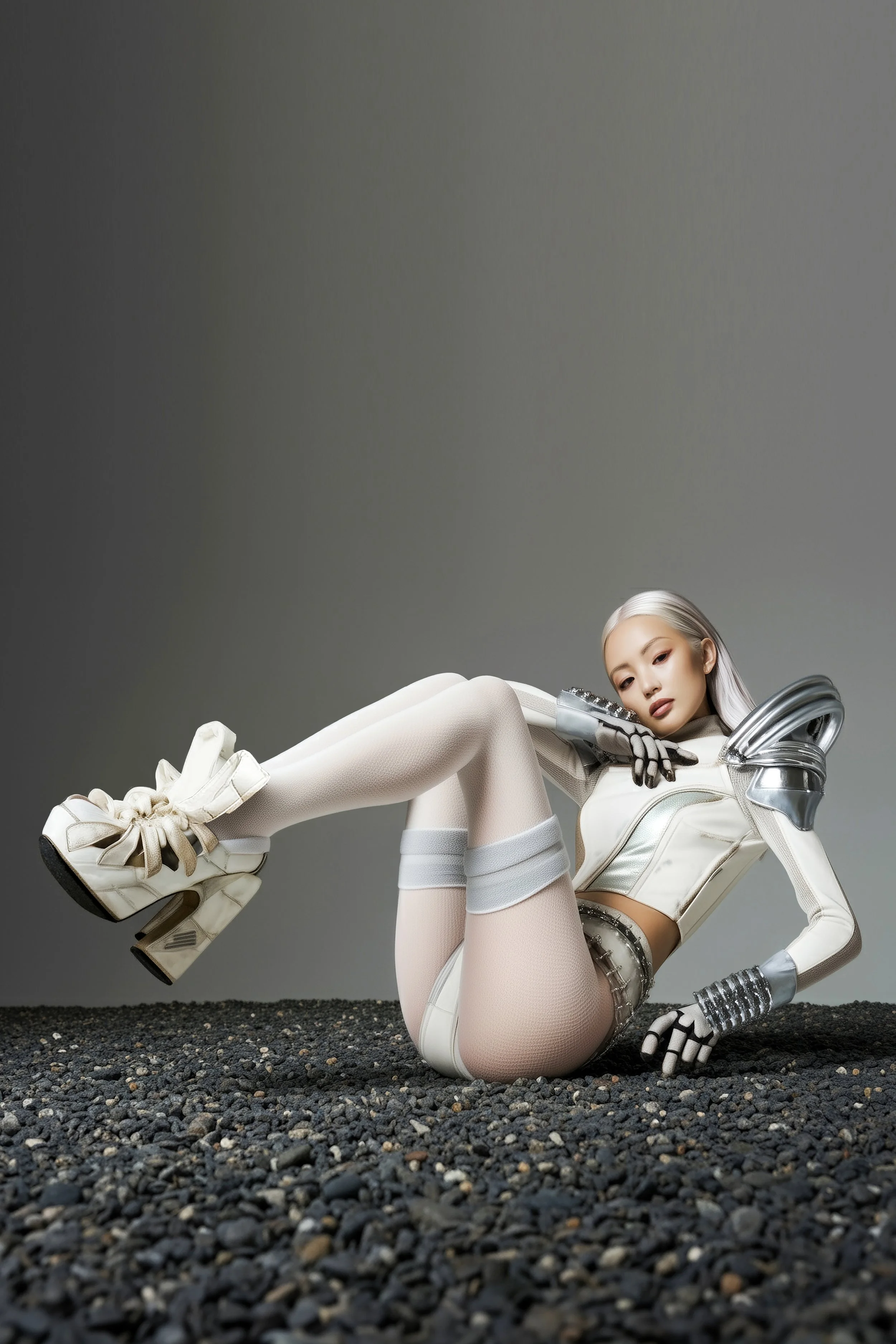 Model and brand ambassador Xia Iseri wearing an avant-garde primal-inspired white and chrome outfit, posing boldly on top of a sculptural object. The design is grunge yet futuristic and bold, featuring a primal footwear and large chrome shoulderpads.