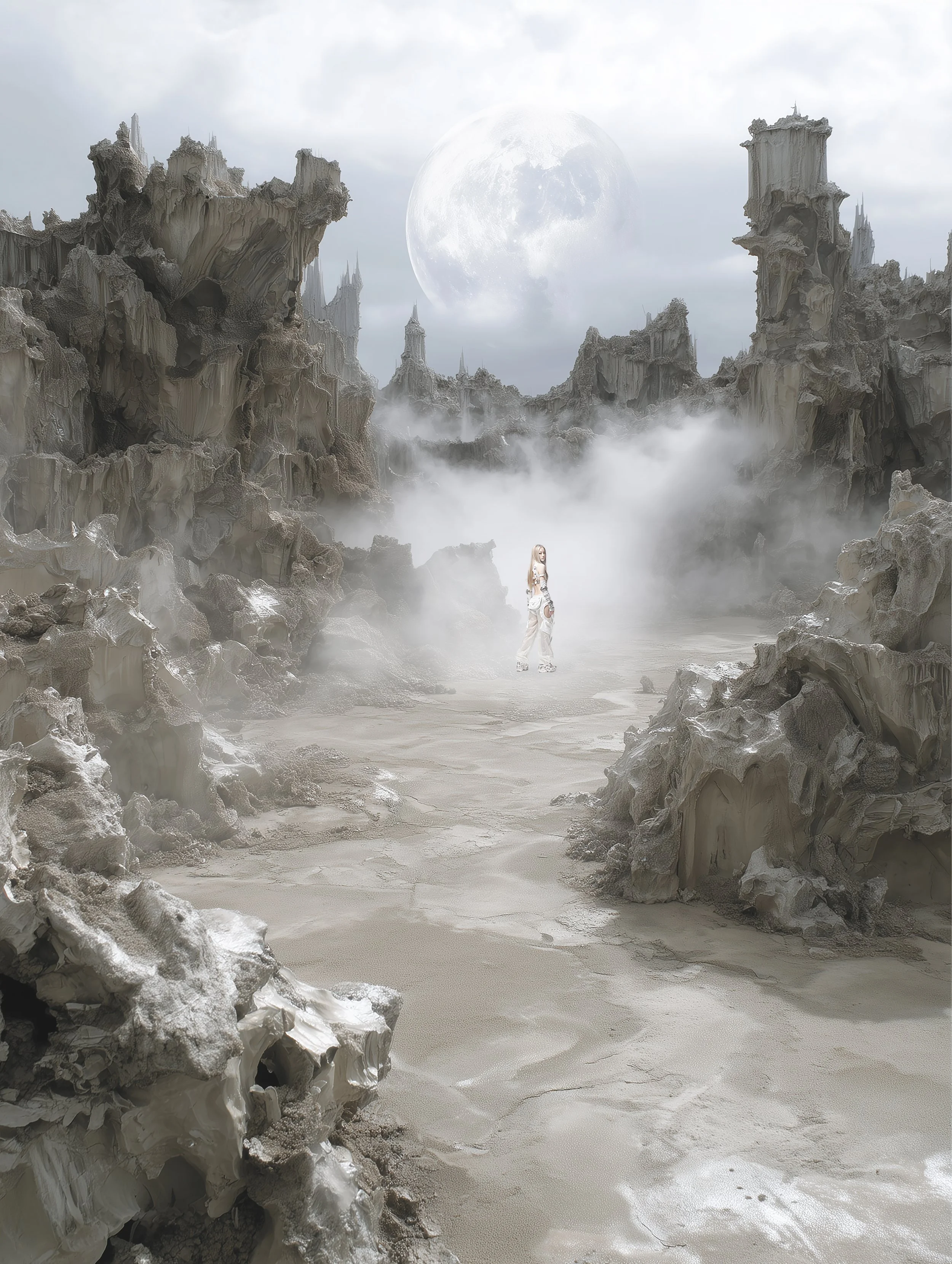 A dry desert like arid environment with sharp and rough mountains and a model standing in the middle. Editorial photoshoot for digital fashion brand [ze Luna]'s [Offworld] campaign.