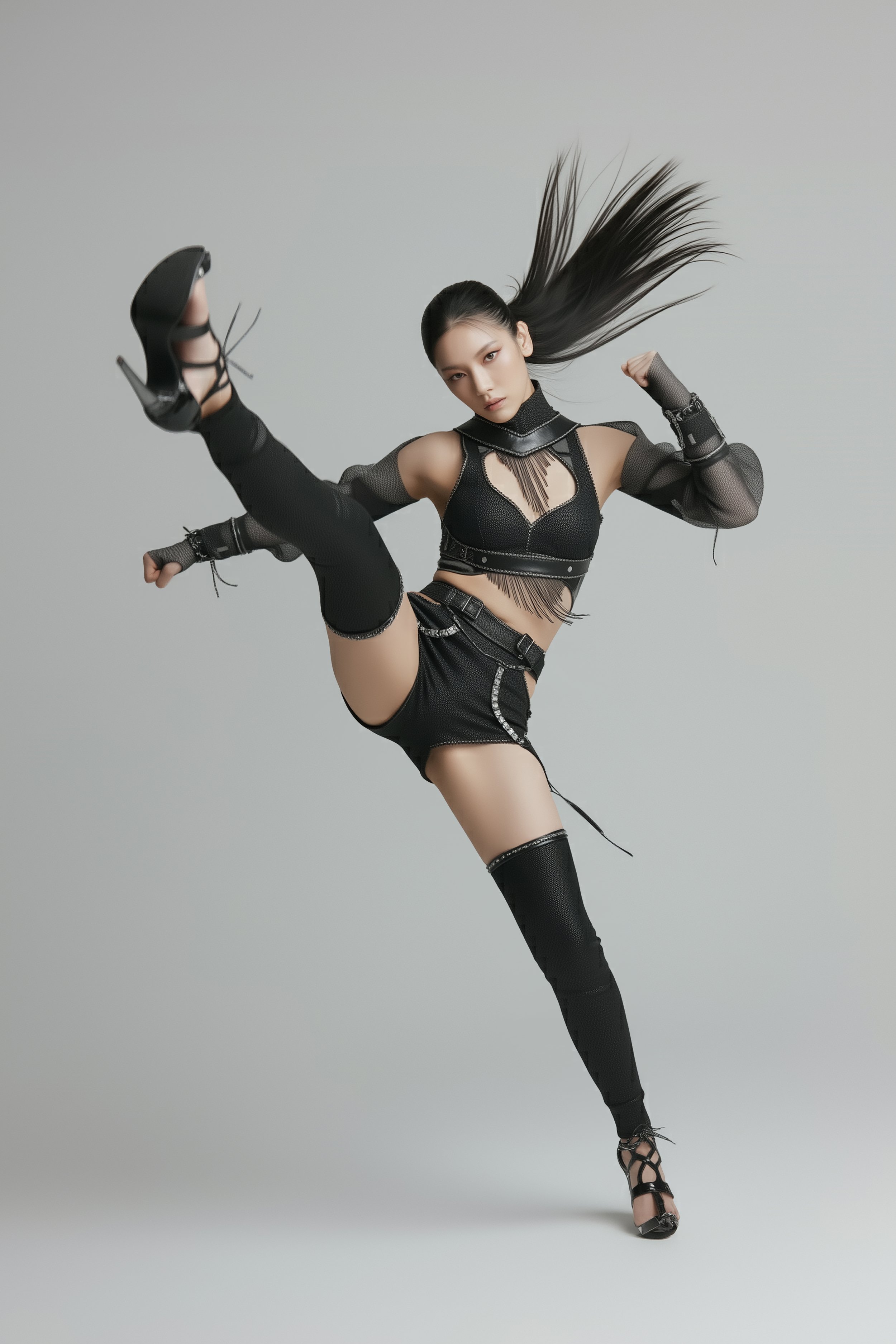 Model posing in a functional yet aesthetic ninja-inspired outfit that is avant-garde and fashionable. She is posing in a studio setting for digital fashion brand [ze Luna]. The outfit is intricate and detailed, combining high fashion with function.
