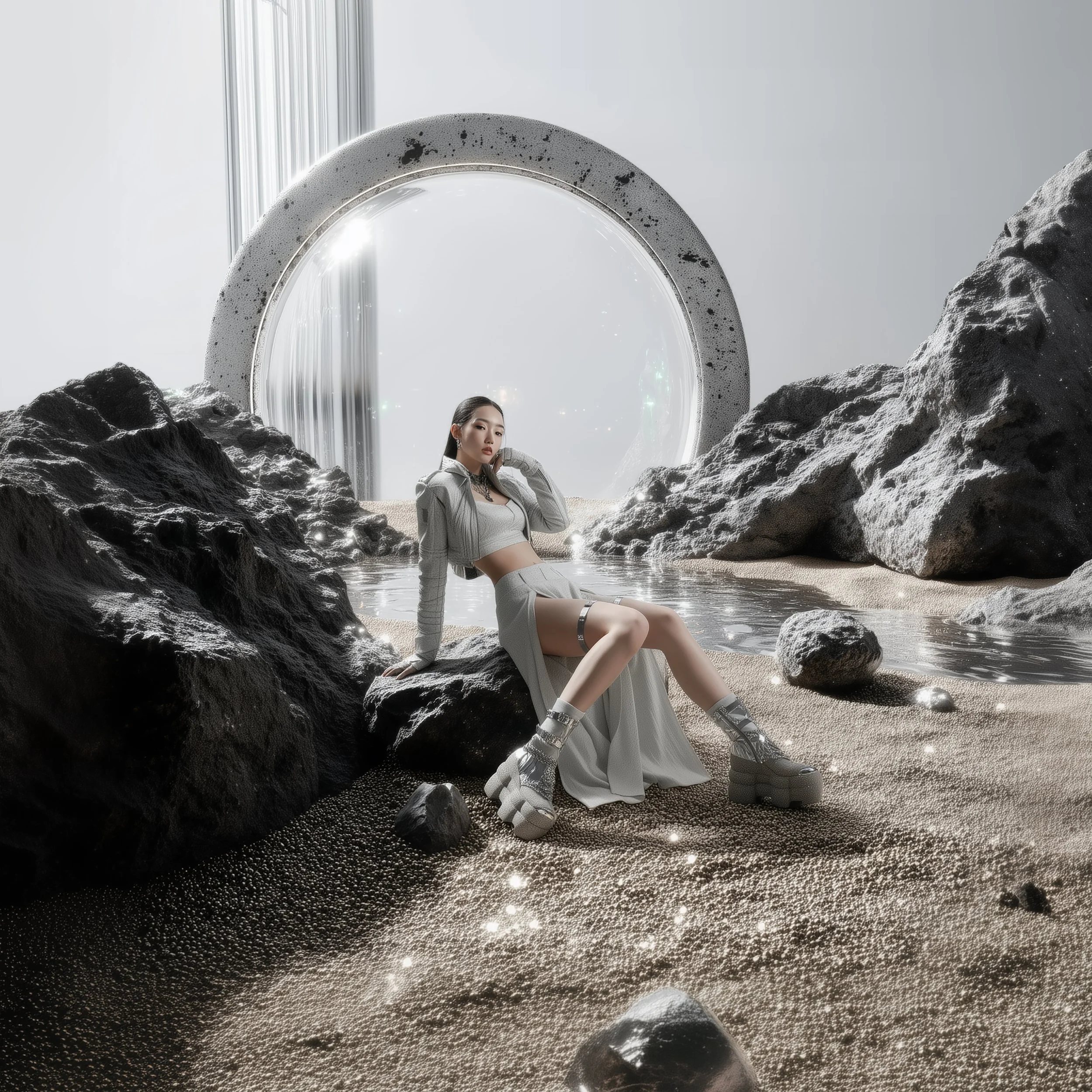 Model and brand ambassador Xia Iseri posing in a full-white outfit in an outlandish alien planet that is rocky and otherworldly. This is part of an editorial photoshoot for the new [Offworld] series by digital fashion brand [ze Luna].