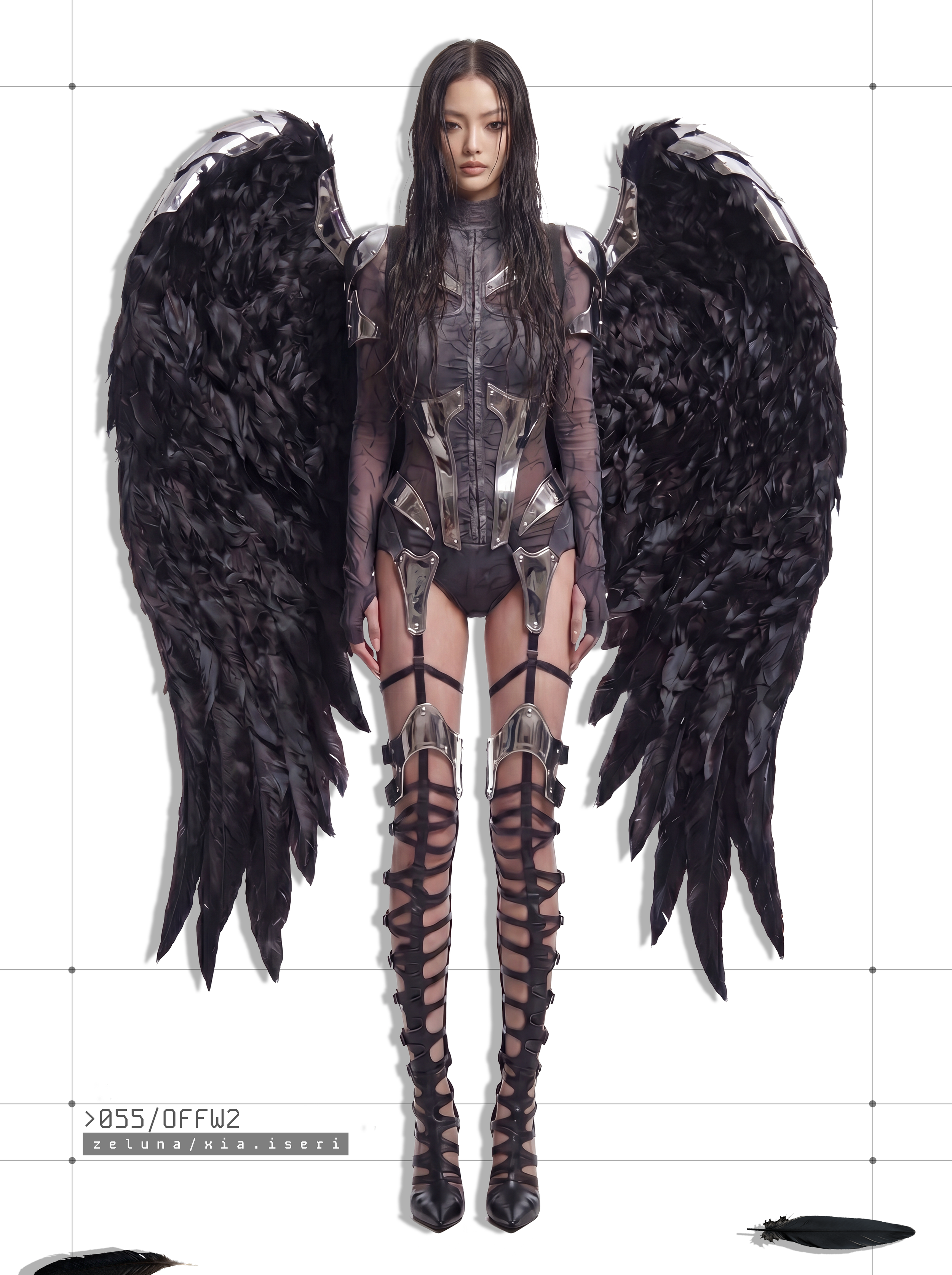 Model Xia Iseri in an otherworldly winged outfit, comprising of chrome and dark fabric, paired with avant-garde laced footwear. The overall vibe of the image exudes an untamed and sovereign energy, inspired by the raven. Outdoor photoshoot.