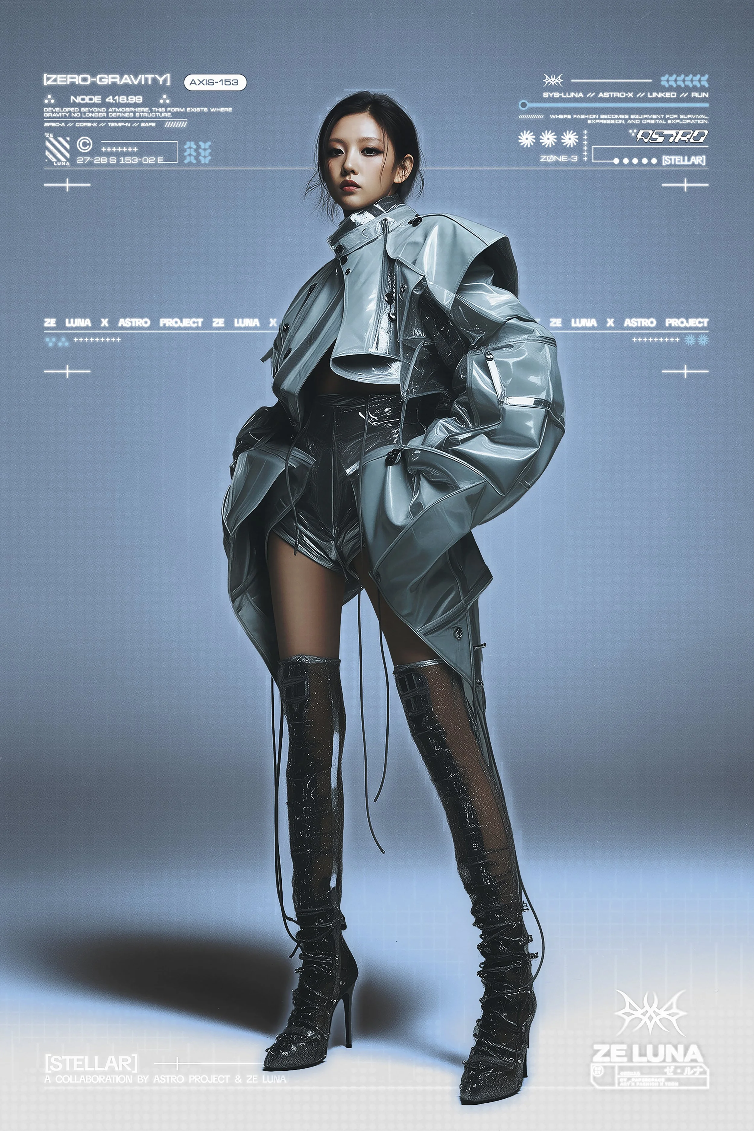 A sci-fi fashion editorial poster featuring a model wearing an otherworldly sci-fi inspired overcoat with slits and details, paired with a matching thigh high textured boots that look futuristic. Collaborative release by [ze Luna].
