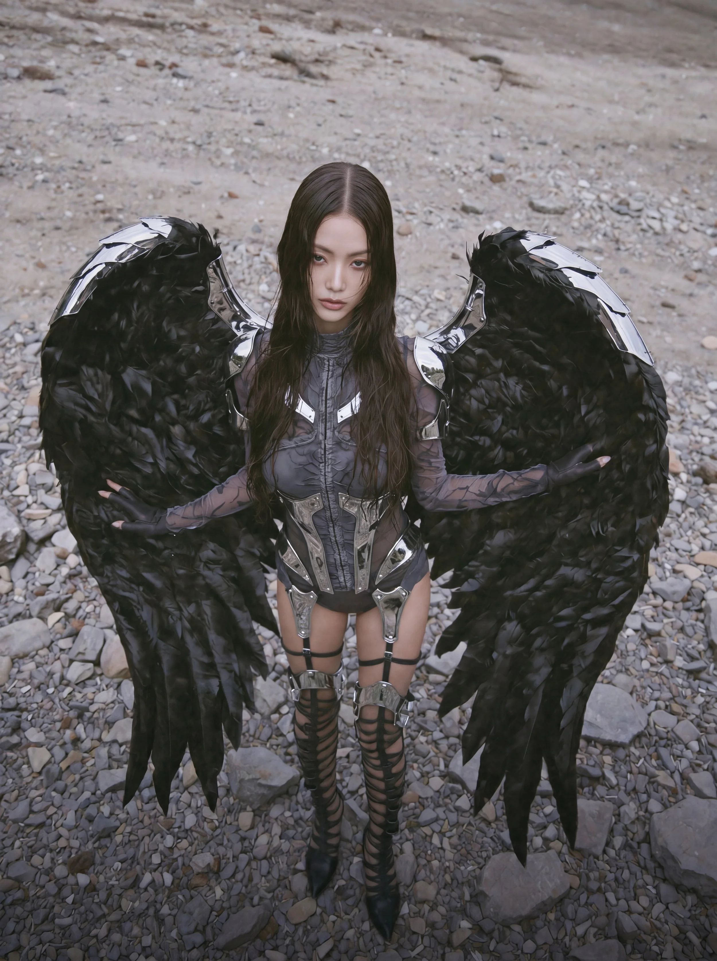 Model Xia Iseri in an otherworldly winged outfit, comprising of chrome and dark fabric, paired with avant-garde laced footwear. The overall vibe of the image exudes an untamed and sovereign energy, inspired by the raven. Outdoor photoshoot.