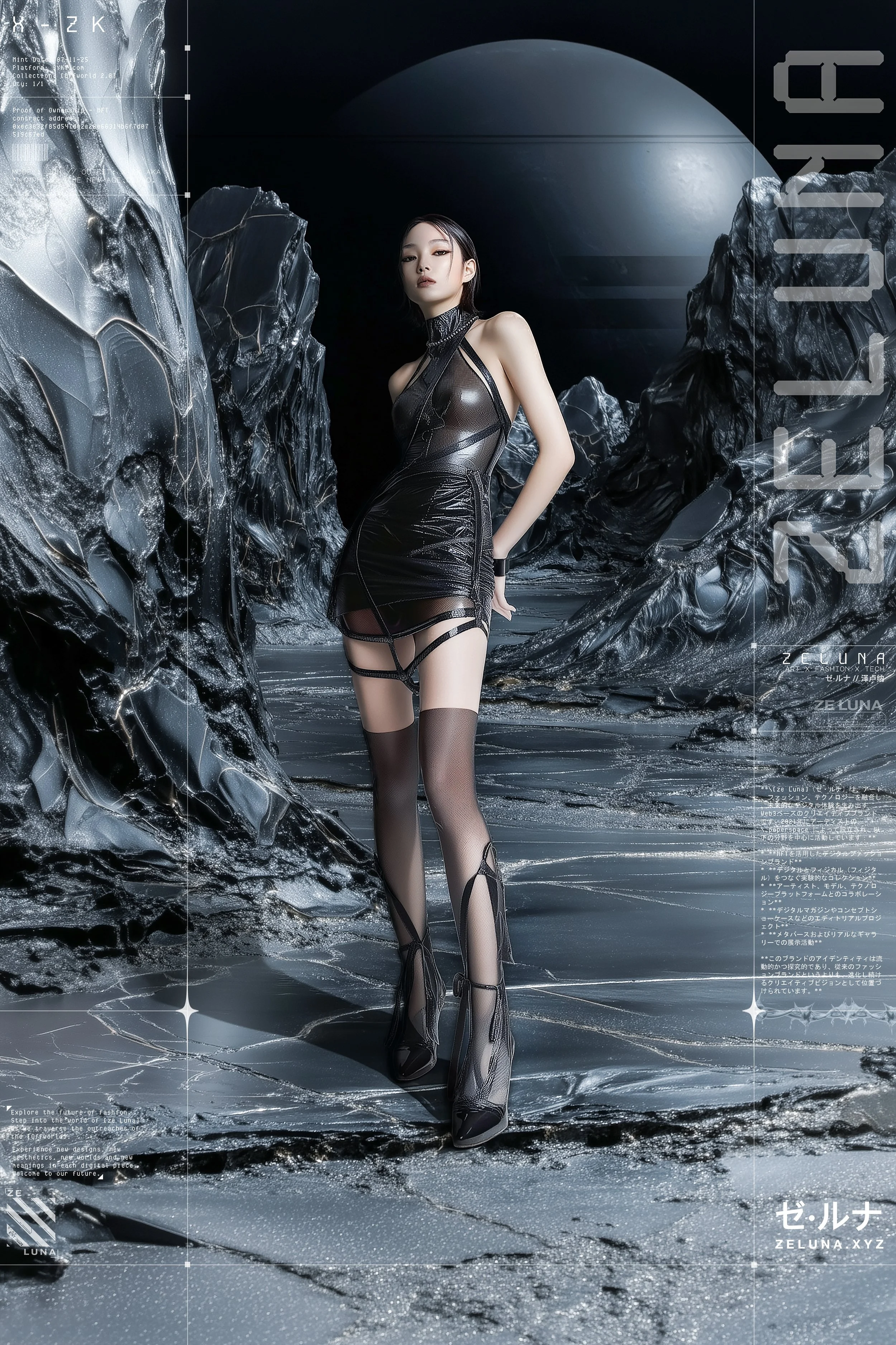 Model Jun Xeda wearing a black short dress outfit, posing confidently and boldly for digital fashion brand [ze Luna]. The dress is inspired by the reinvention of the oriental Qipao. The background looks like an alien planet that is otherworldly. The 